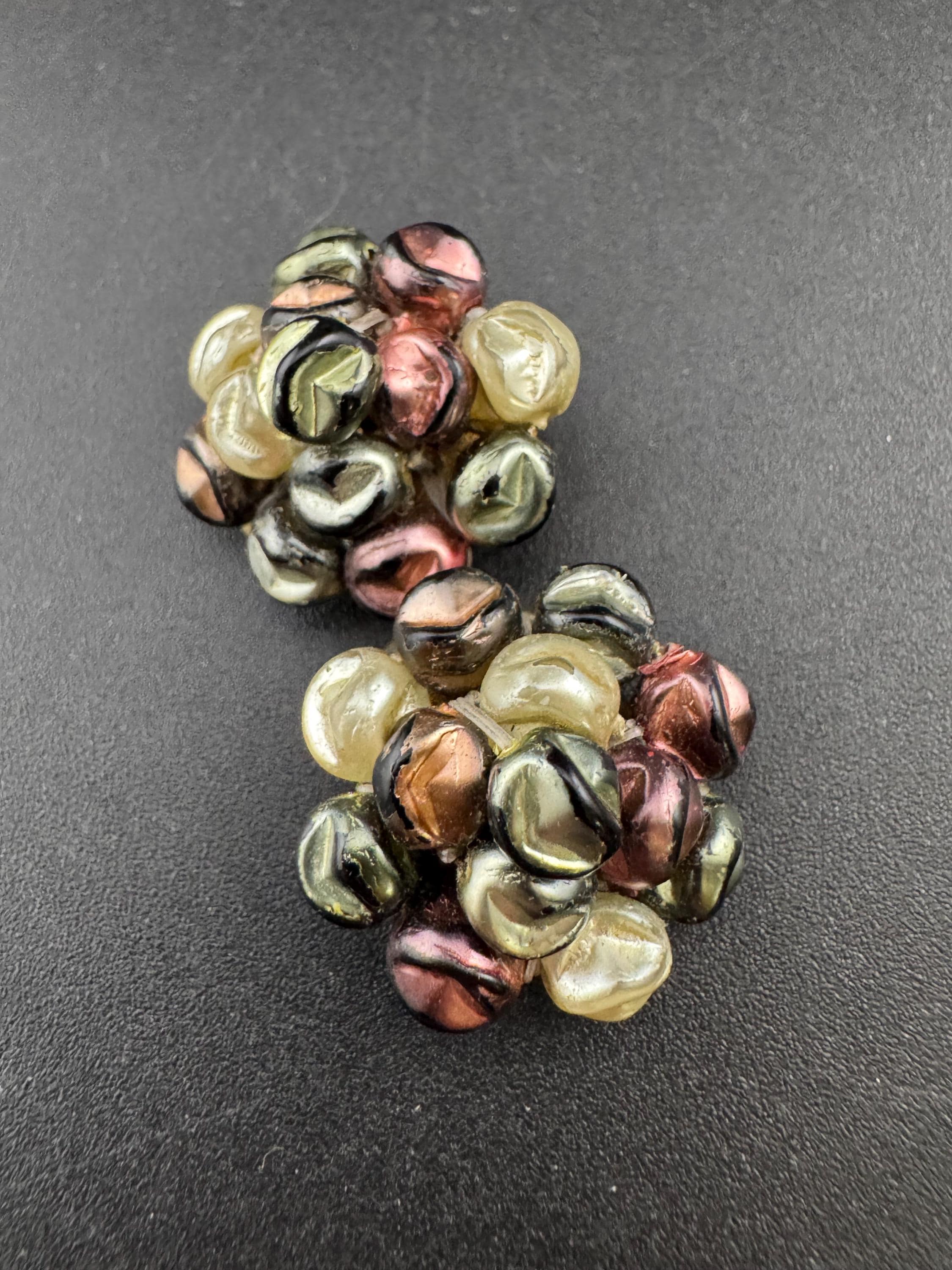 Vintage Rainbow AB Lustre Glass Clip On Earrings: 1940s-50s Cluster