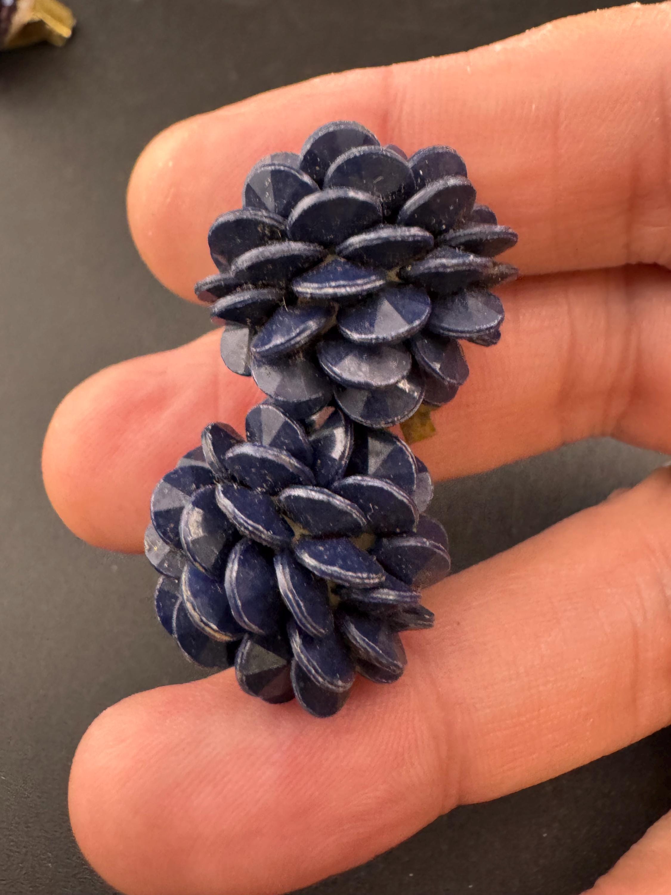 Vintage west Germany dark blue floral plastic beaded Cluster Clip On Earrings