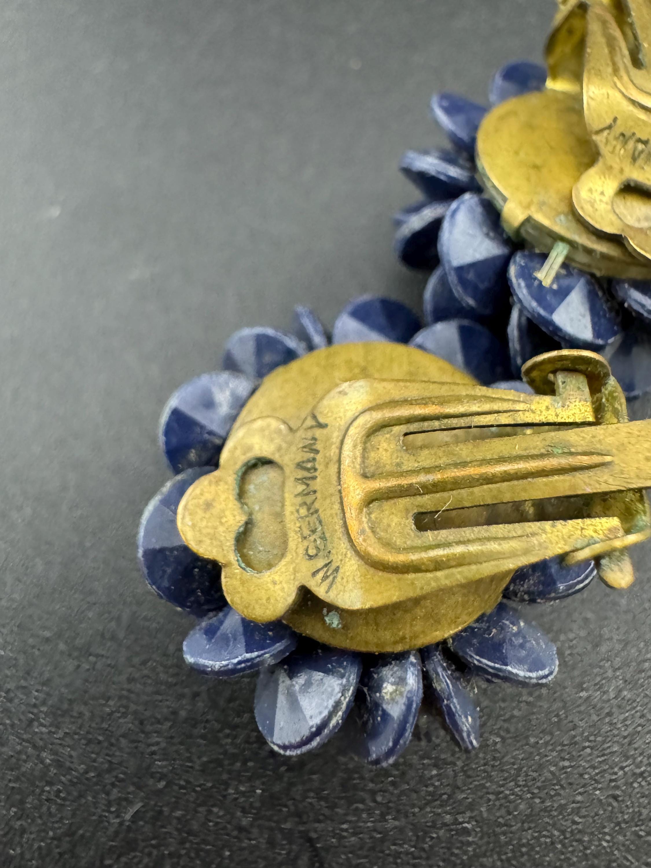 Vintage west Germany dark blue floral plastic beaded Cluster Clip On Earrings
