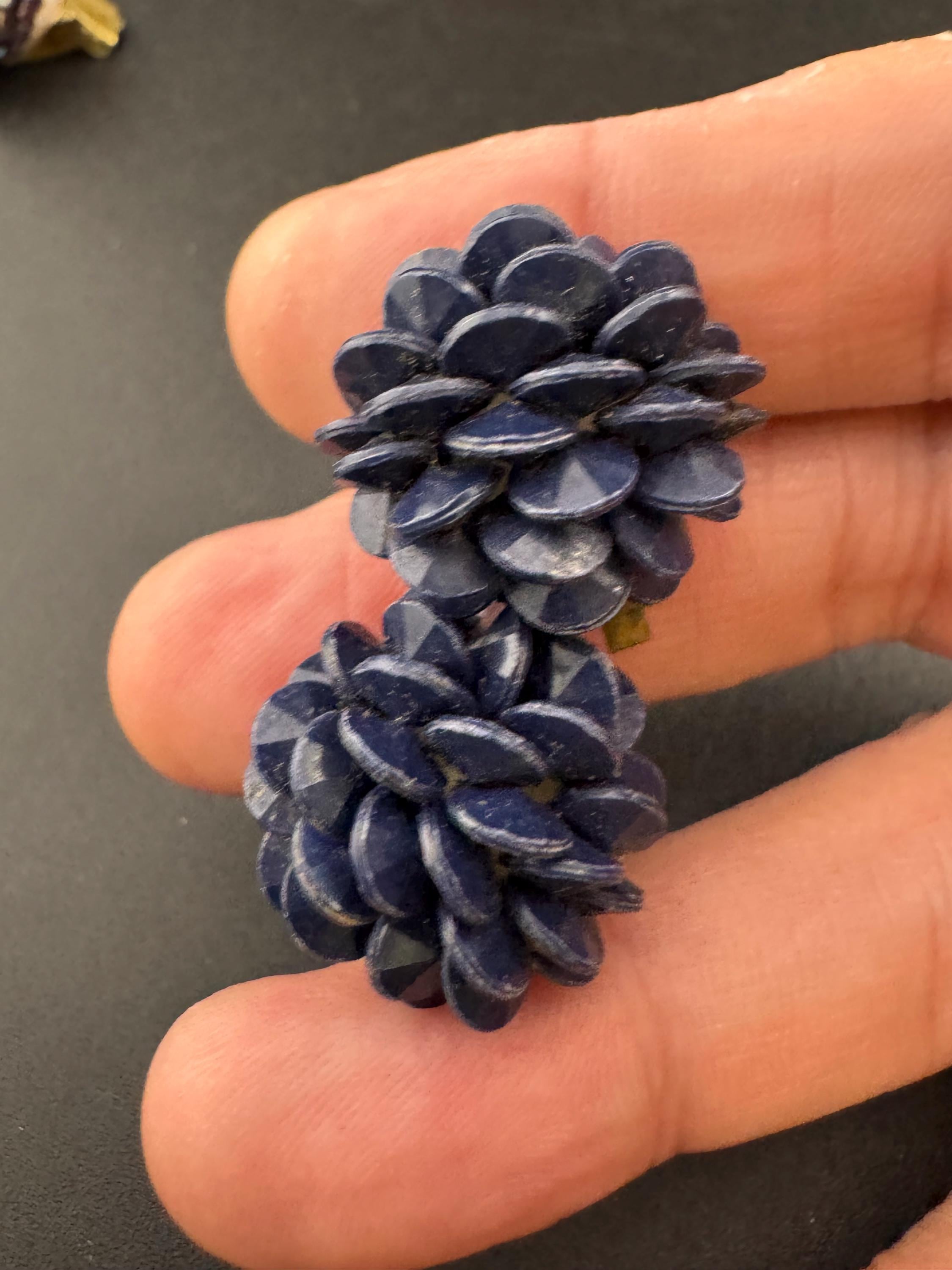 Vintage west Germany dark blue floral plastic beaded Cluster Clip On Earrings
