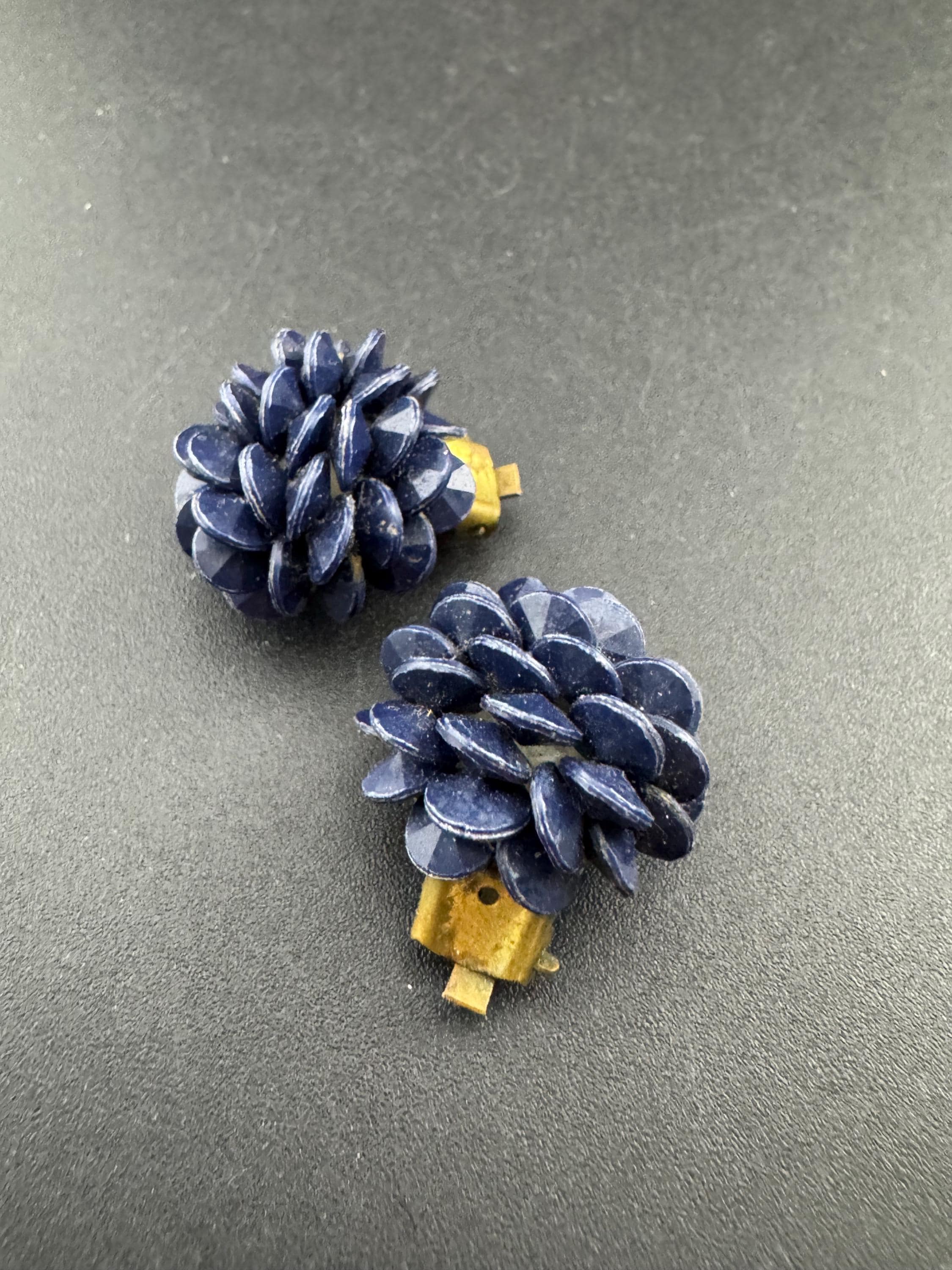 Vintage west Germany dark blue floral plastic beaded Cluster Clip On Earrings