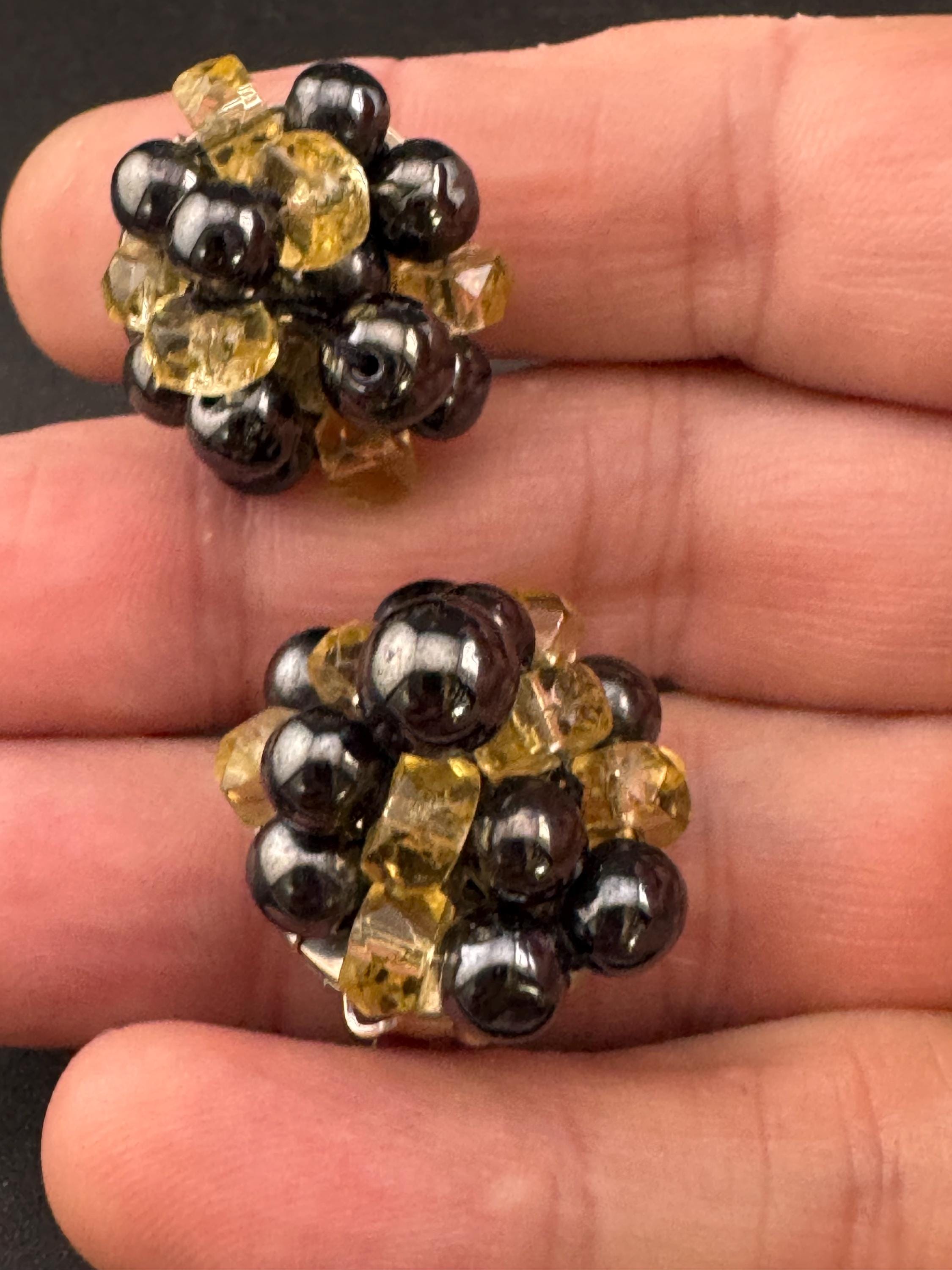 Vintage West Germany Glass Beaded Clip On Earrings: 1940s-50s Cluster