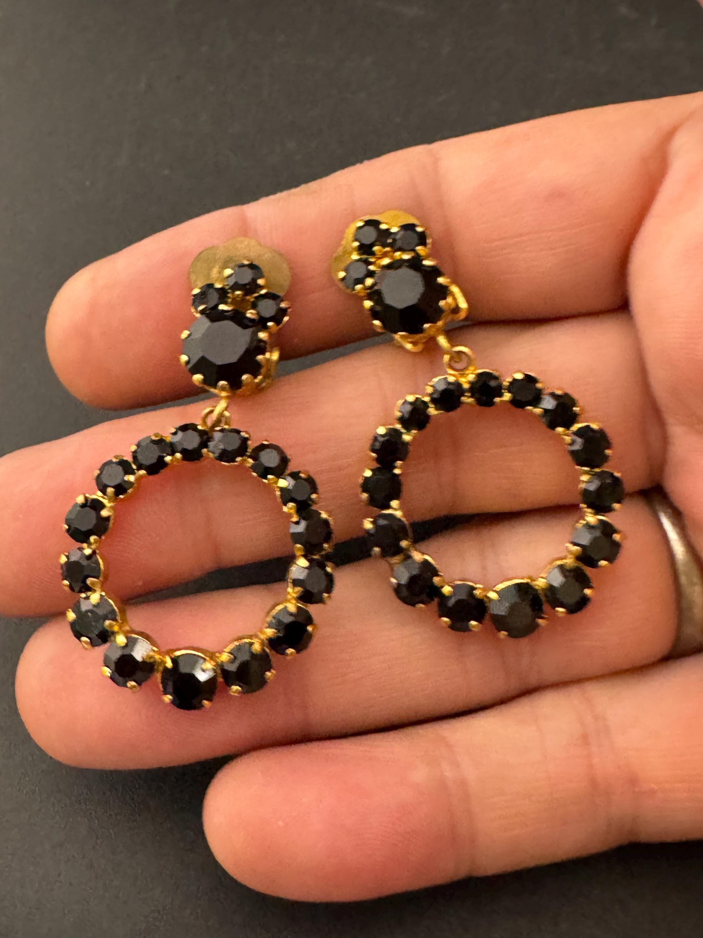 Vintage black Rhinestone Diamanté round gold tone encrusted hoop dangly Earrings