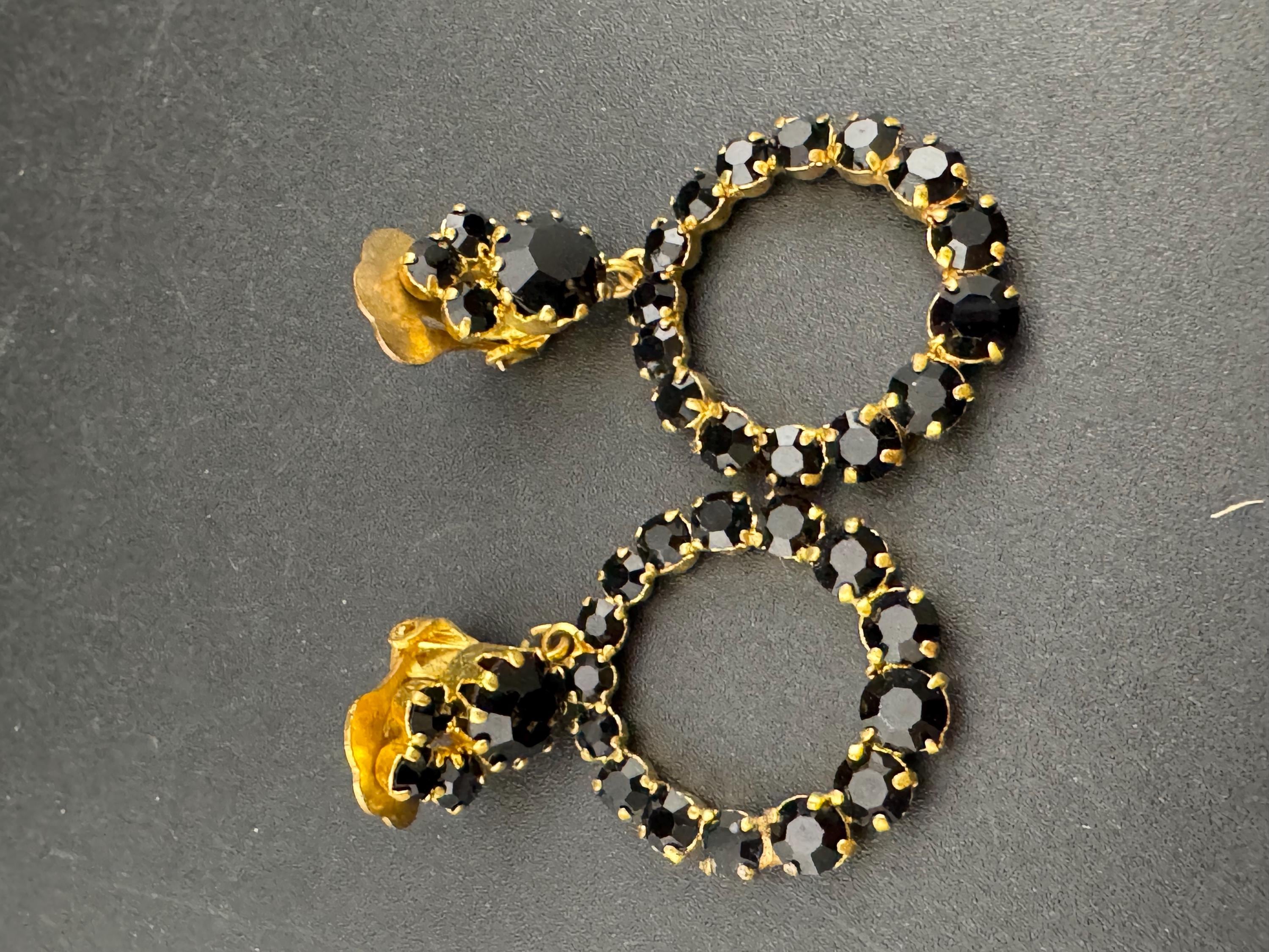 Vintage black Rhinestone Diamanté round gold tone encrusted hoop dangly Earrings