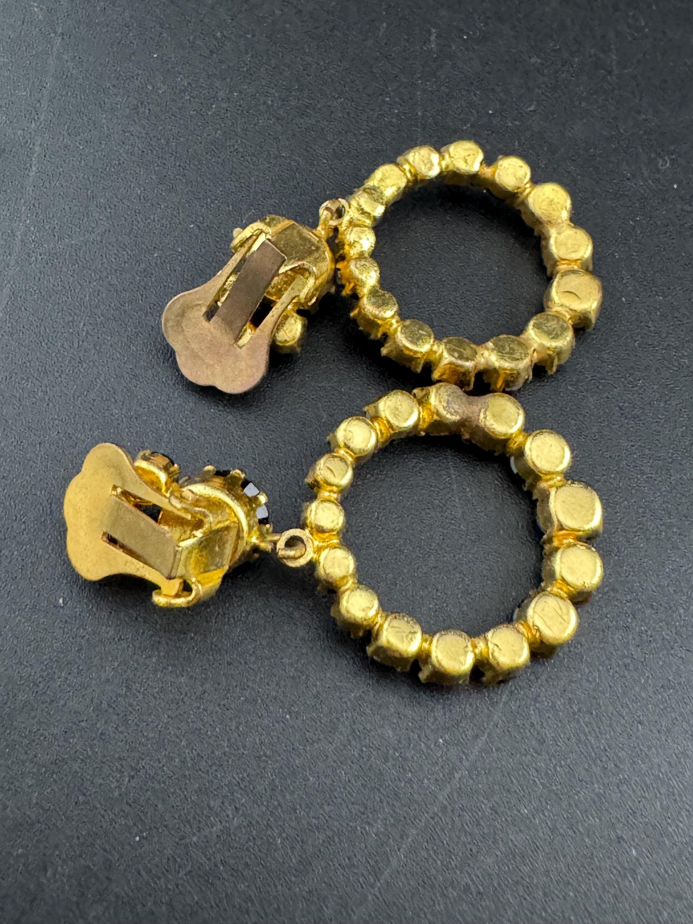 Vintage black Rhinestone Diamanté round gold tone encrusted hoop dangly Earrings