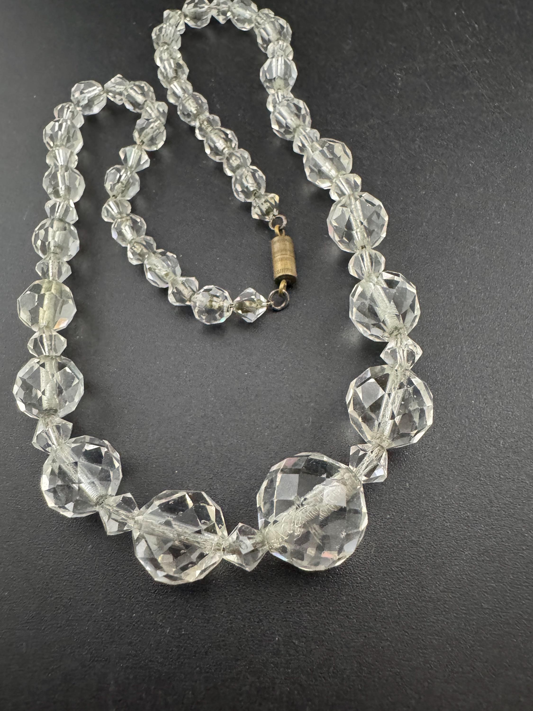 Vintage faceted clear crystal round beaded necklace 43cm art deco