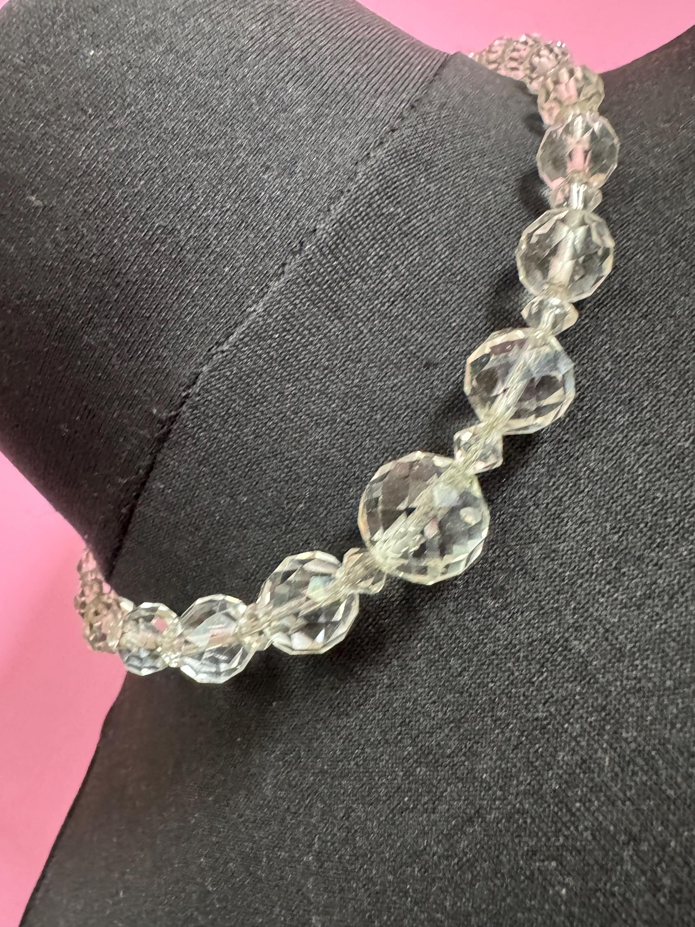 Vintage faceted clear crystal round beaded necklace 43cm art deco