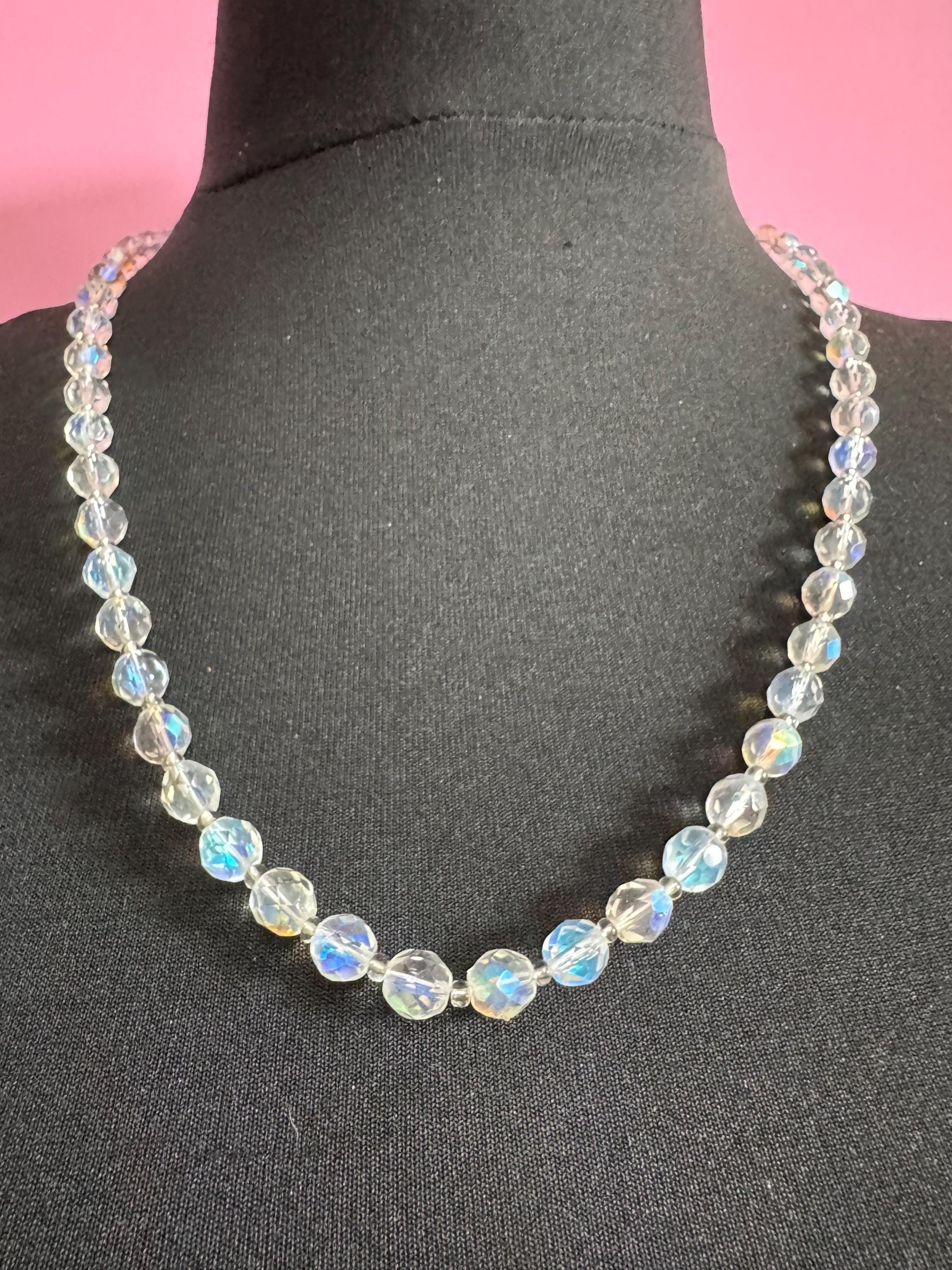 Art Deco clear aB Aurora borealis glass Crystal beaded necklace mid length 62cm mid century