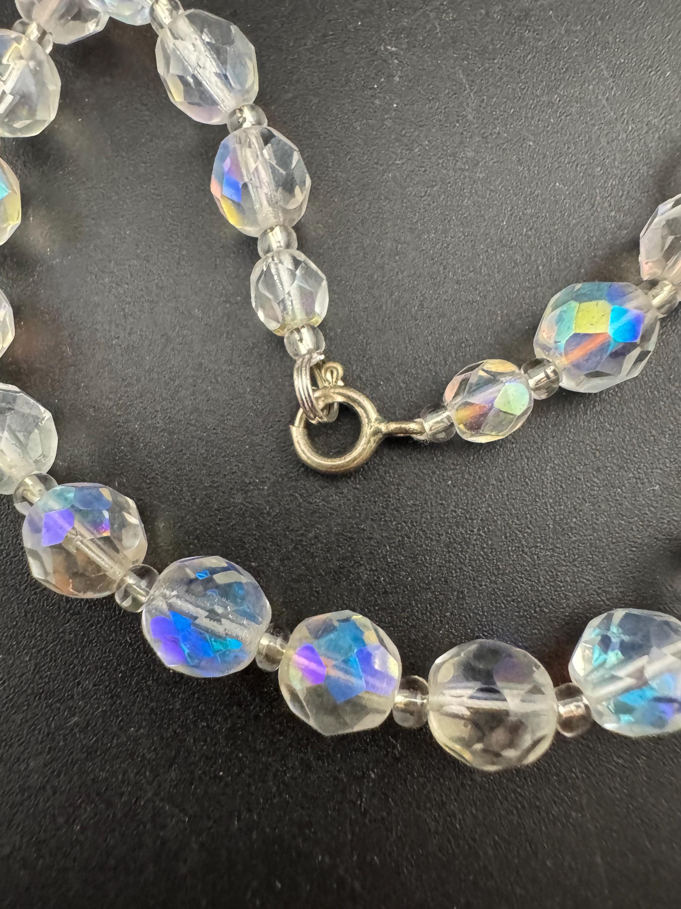 Art Deco clear aB Aurora borealis glass Crystal beaded necklace mid length 62cm mid century