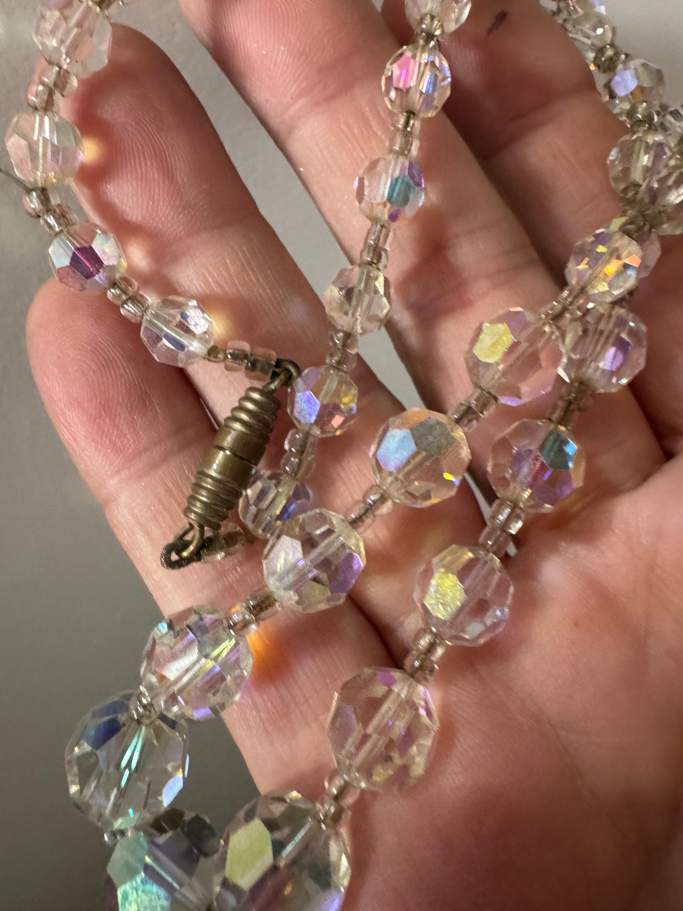 Art Deco clear aB Aurora borealis glass Crystal beaded necklace 51cm mid century