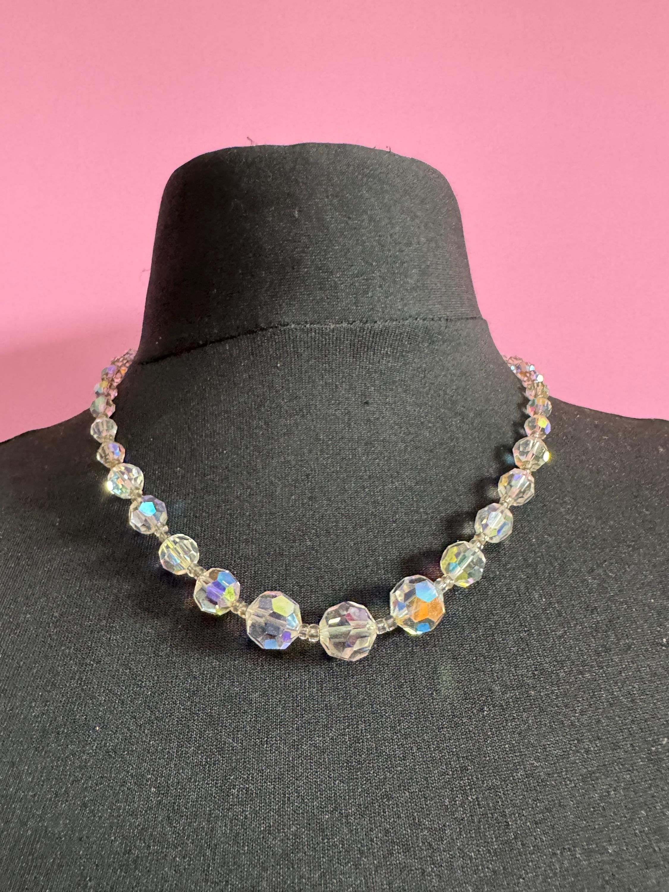 Art Deco clear aB Aurora borealis glass Crystal beaded necklace 51cm mid century