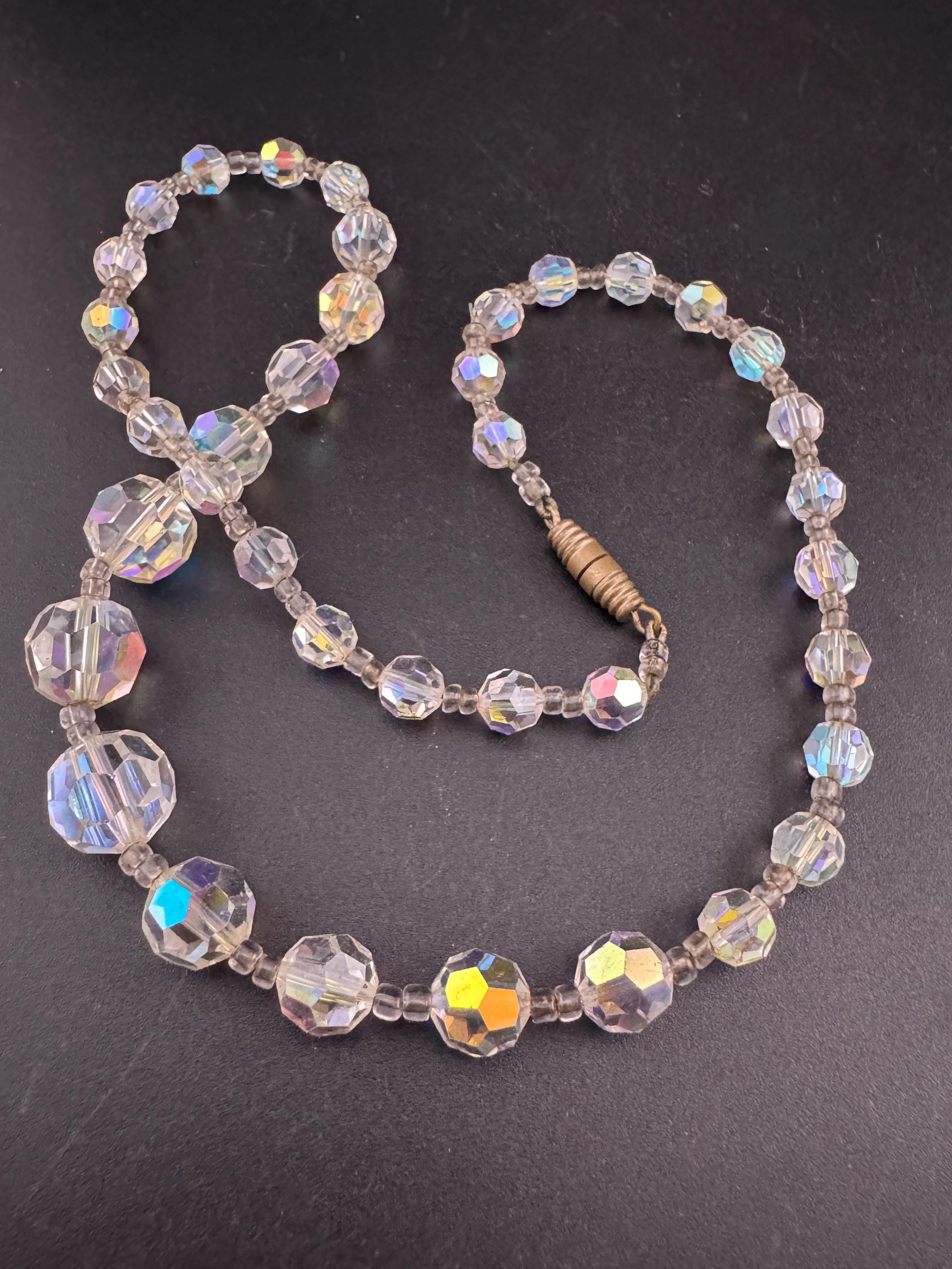 Art Deco clear aB Aurora borealis glass Crystal beaded necklace 51cm mid century