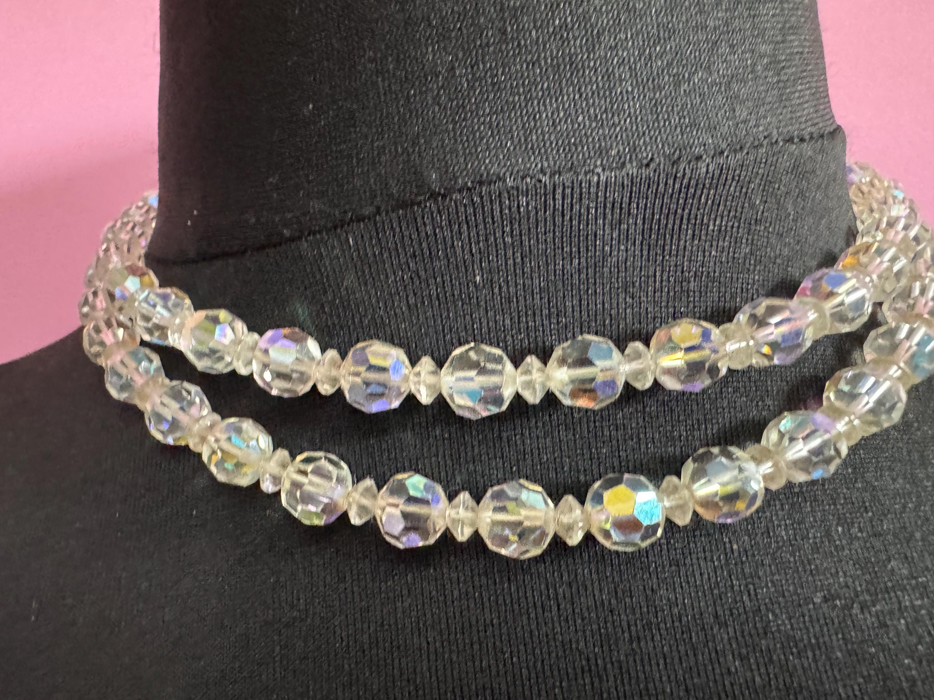 Art Deco clear AB rainbow Aurora borealis glass Crystal 2 row double strand beaded necklace choker festoon mid century