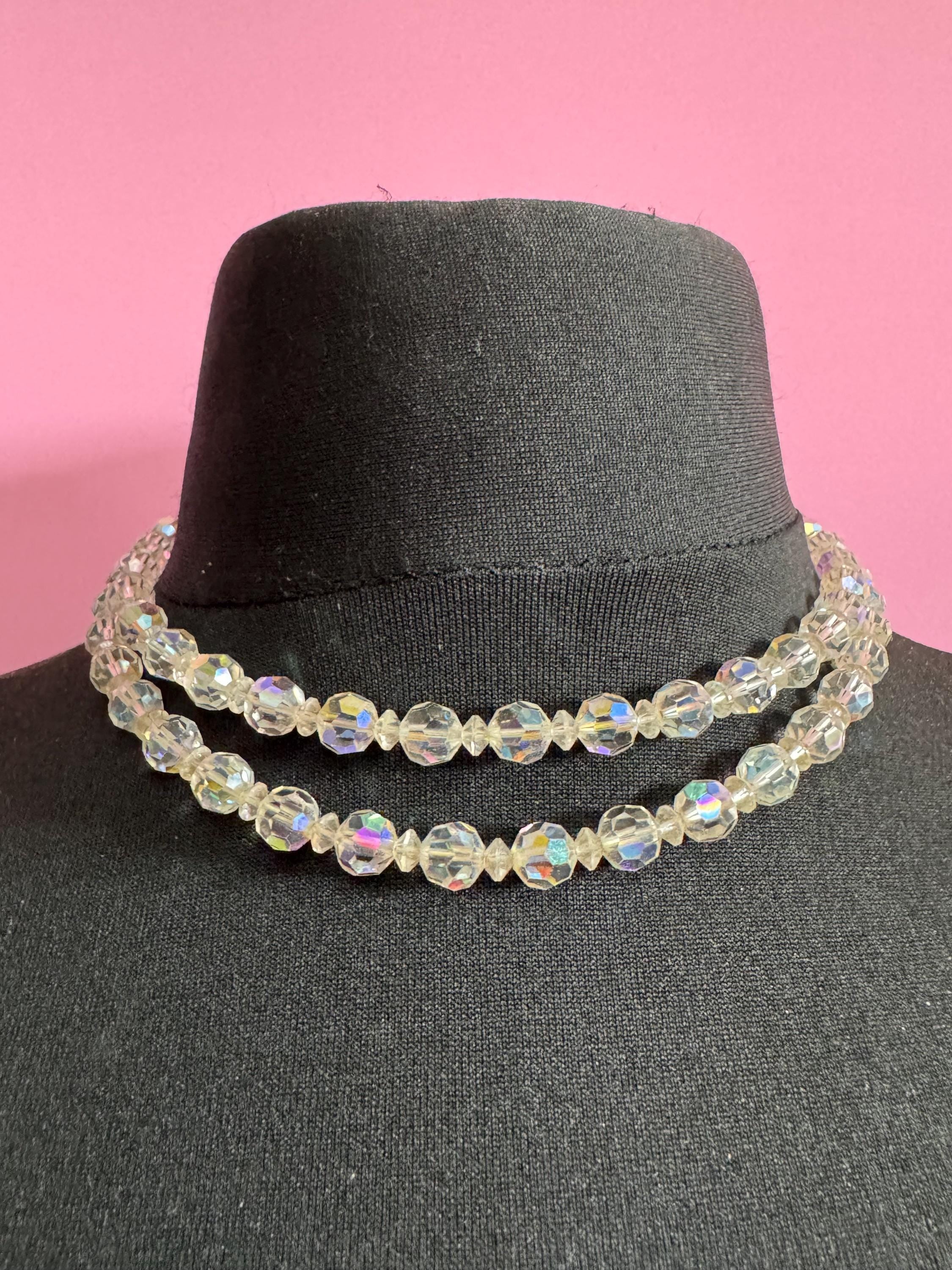 Art Deco clear AB rainbow Aurora borealis glass Crystal 2 row double strand beaded necklace choker festoon mid century