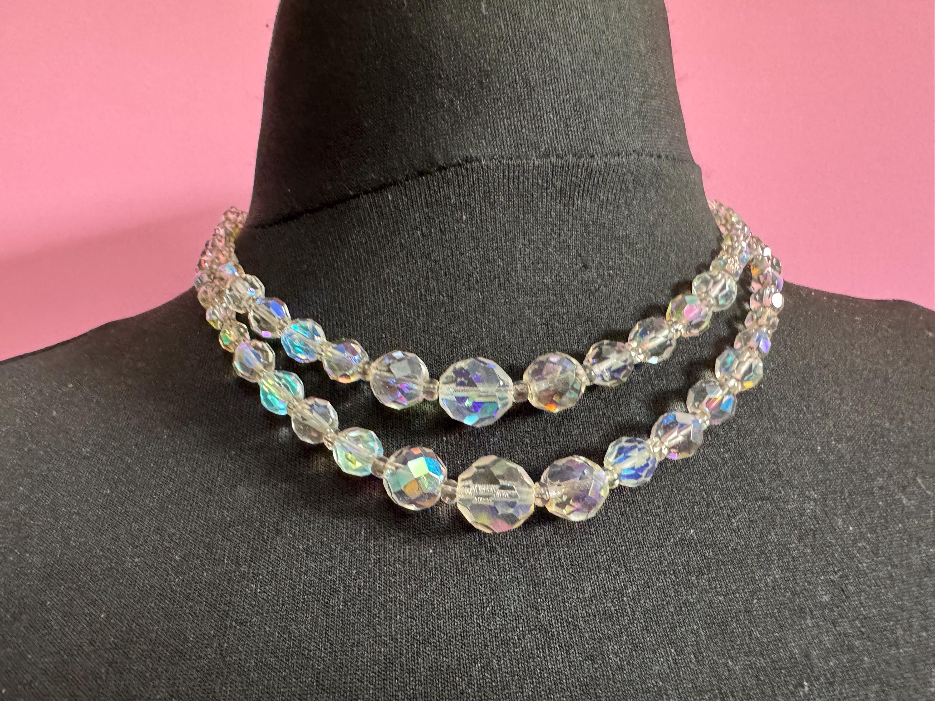 Art Deco clear AB rainbow Aurora borealis glass Crystal 2 row double strand beaded necklace choker festoon mid century