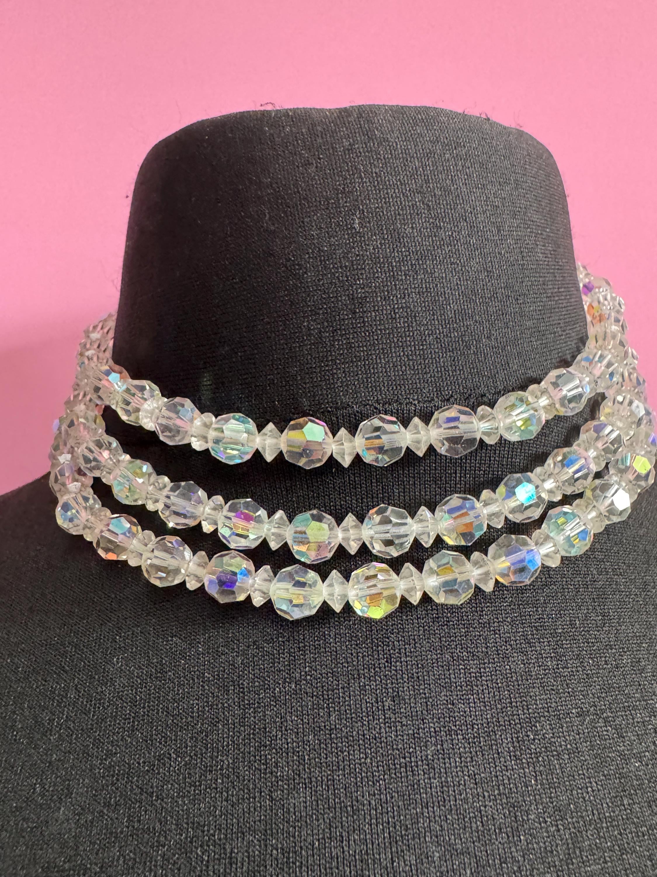 Petite to 41cm Art Deco clear AB rainbow Aurora borealis glass Crystal  3 row triple strand beaded bead necklace choker