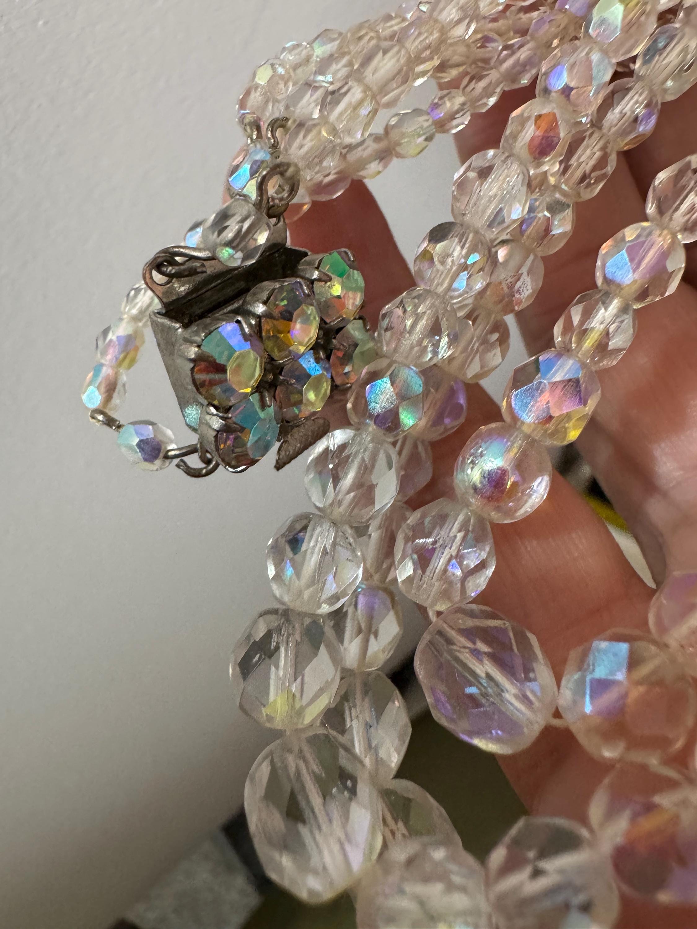 Art Deco clear AB rainbow Aurora borealis glass Crystal 3 row triple strand beaded bead necklace choker festoon waterfall