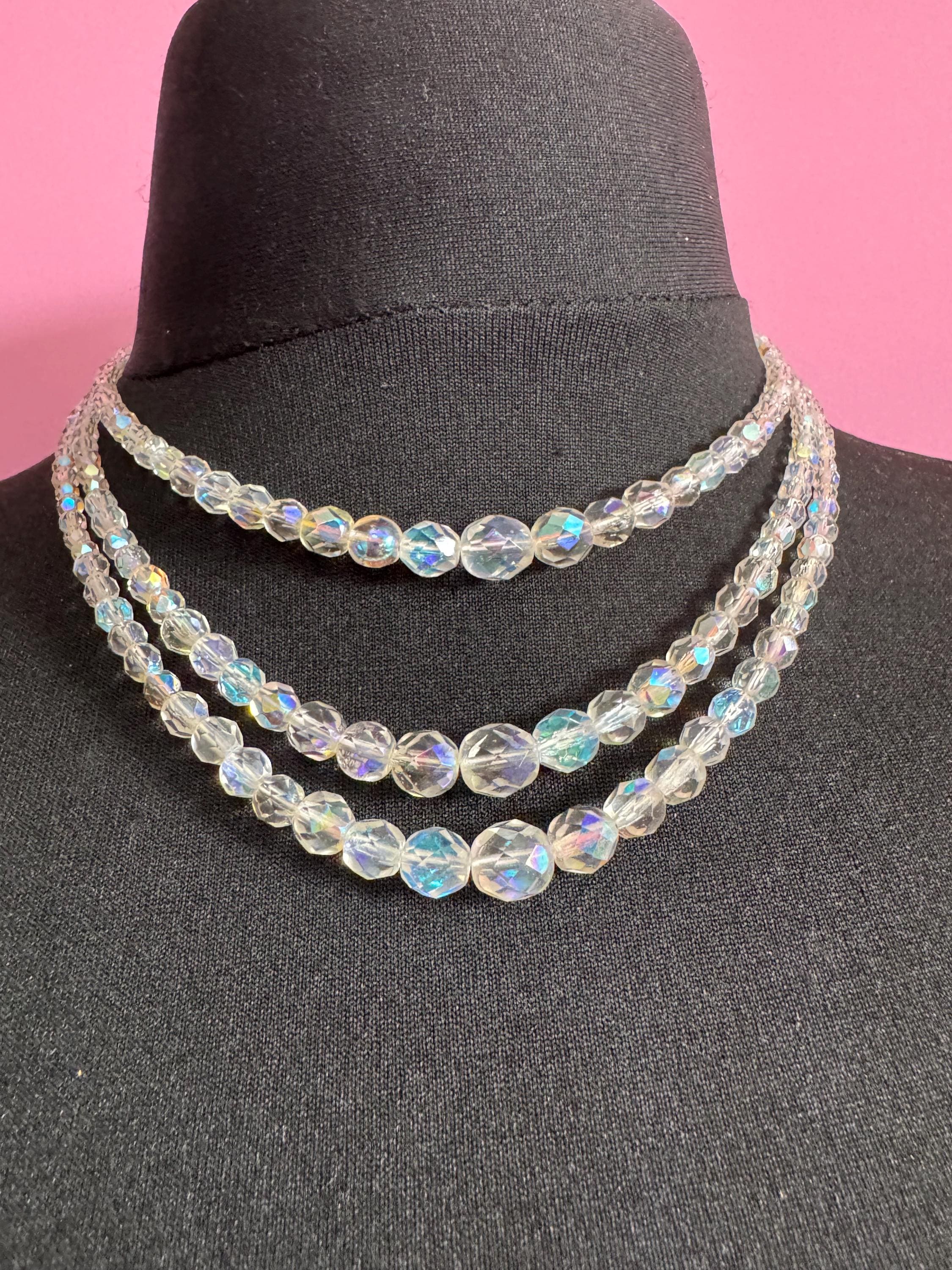 Art Deco clear AB rainbow Aurora borealis glass Crystal 3 row triple strand beaded bead necklace choker festoon waterfall