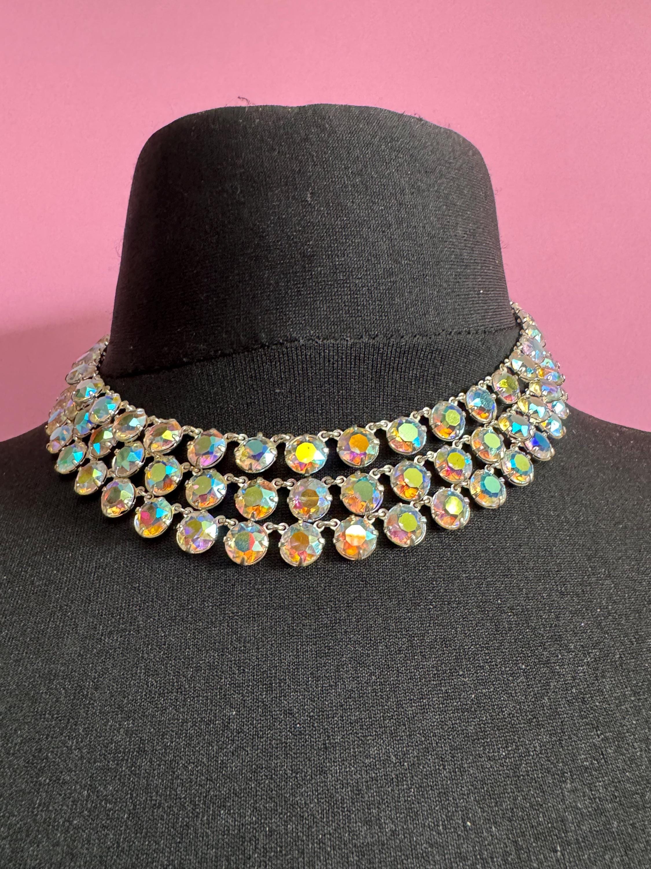 Aurora Borealis Choker Necklace: Sparkly Glass Bezel, Multi-Strand