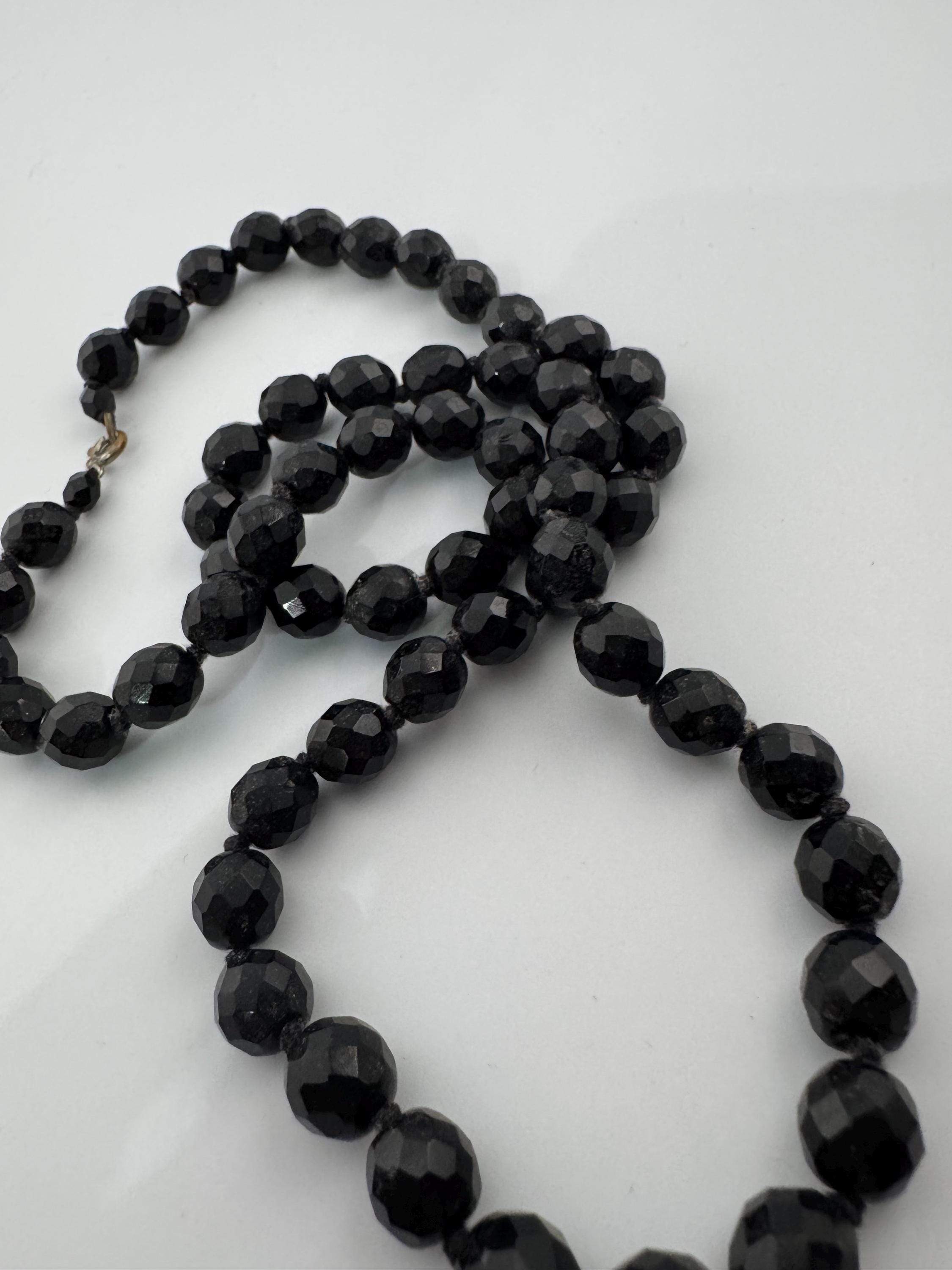 Vintage French Jet Black Glass Flapper Necklace: Art Deco Long Beaded