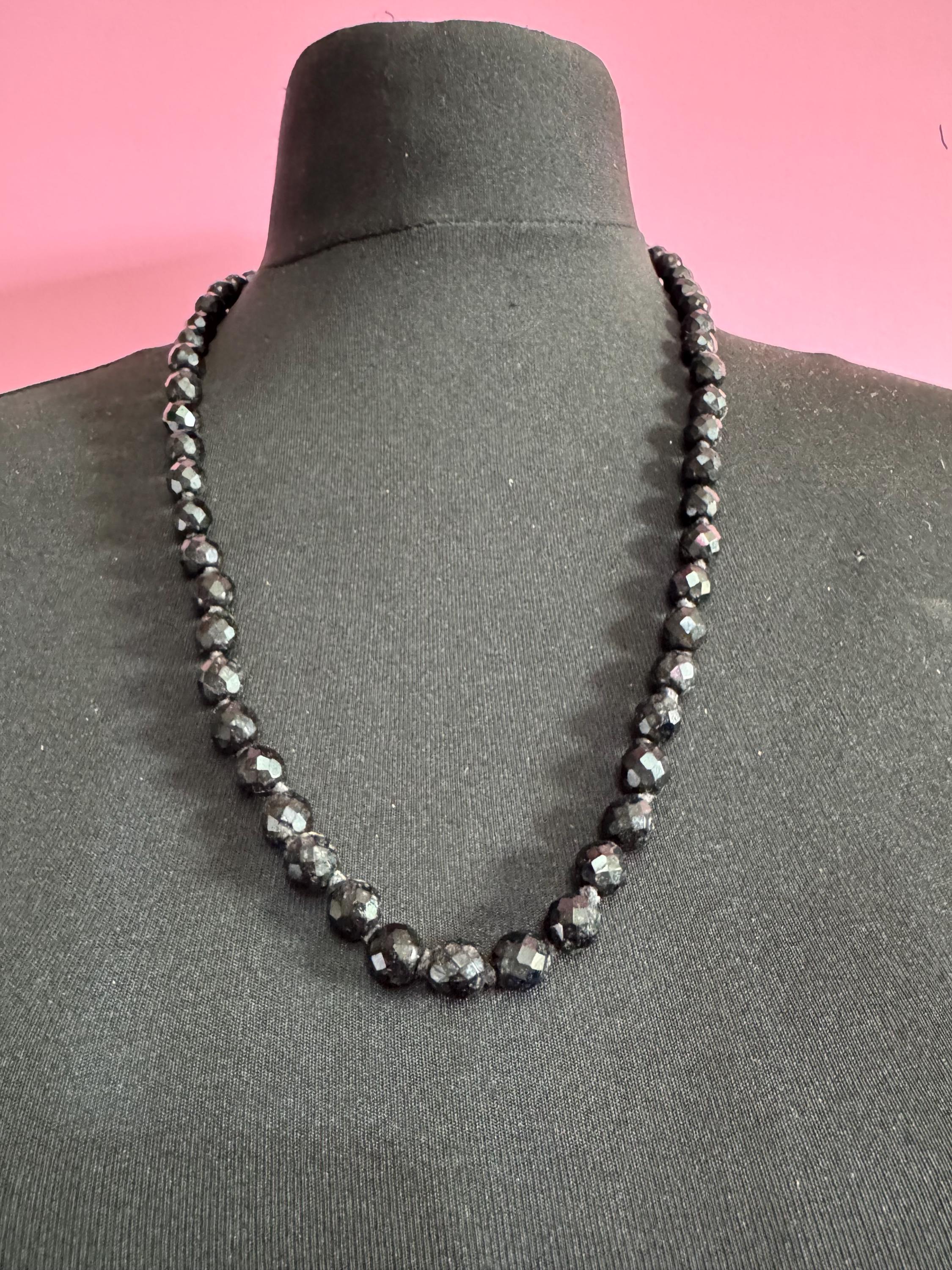 Vintage French Jet Black Glass Flapper Necklace: Art Deco Long Beaded