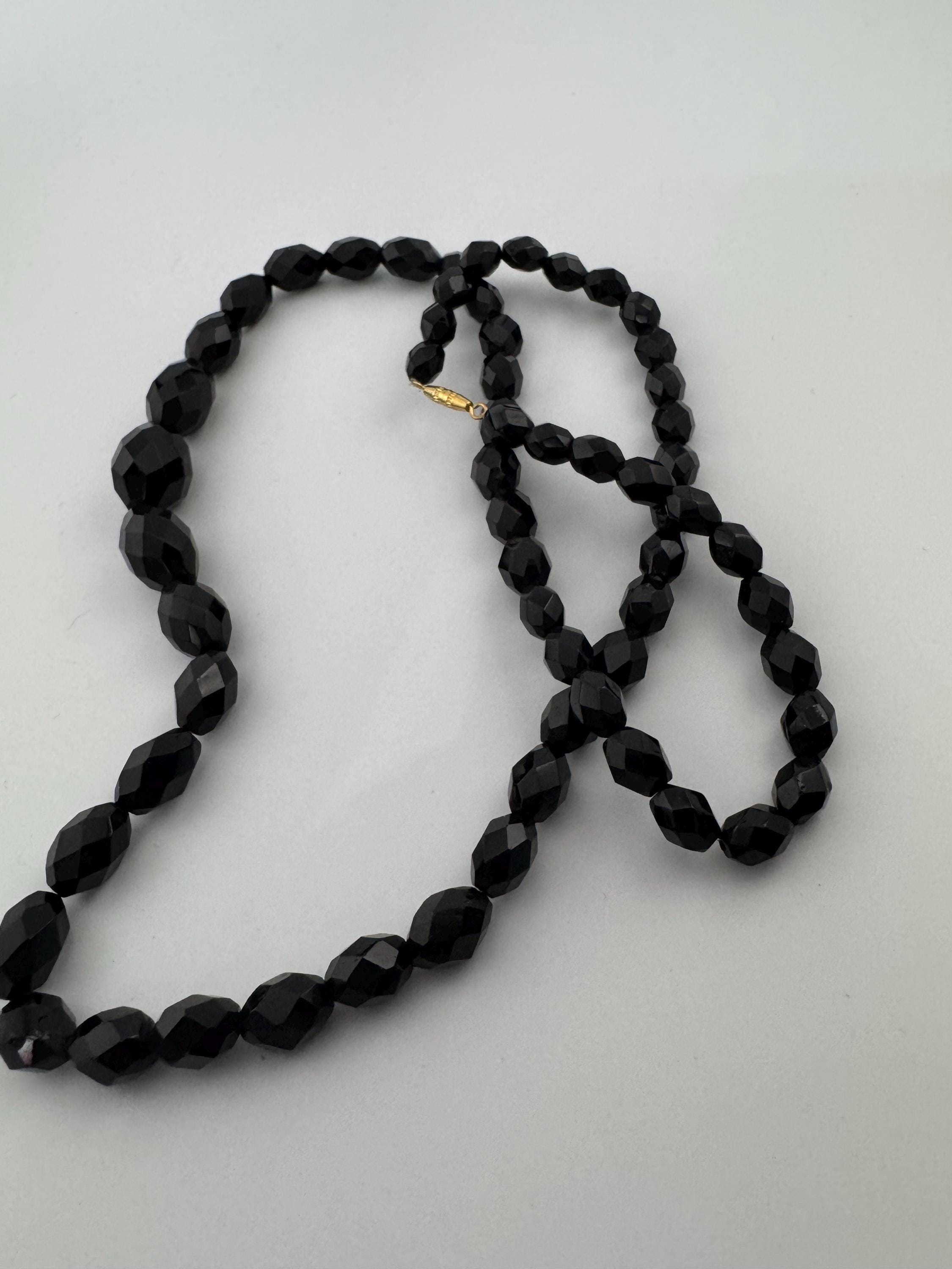 Vintage French Jet Black Glass Flapper Necklace: Art Deco Long Beaded Necklace