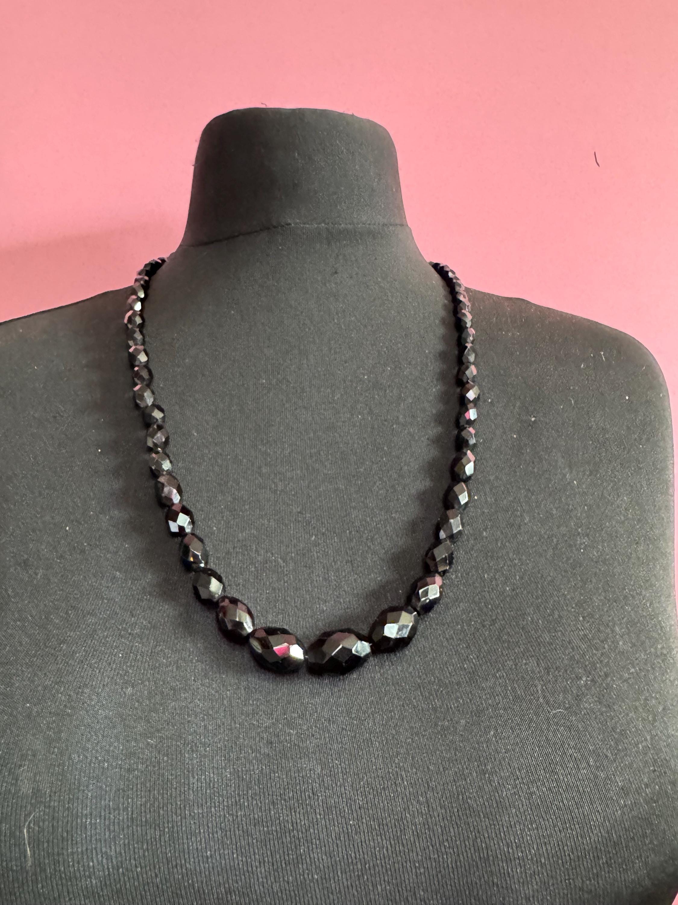 Vintage French Jet Black Glass Flapper Necklace: Art Deco Long Beaded Necklace