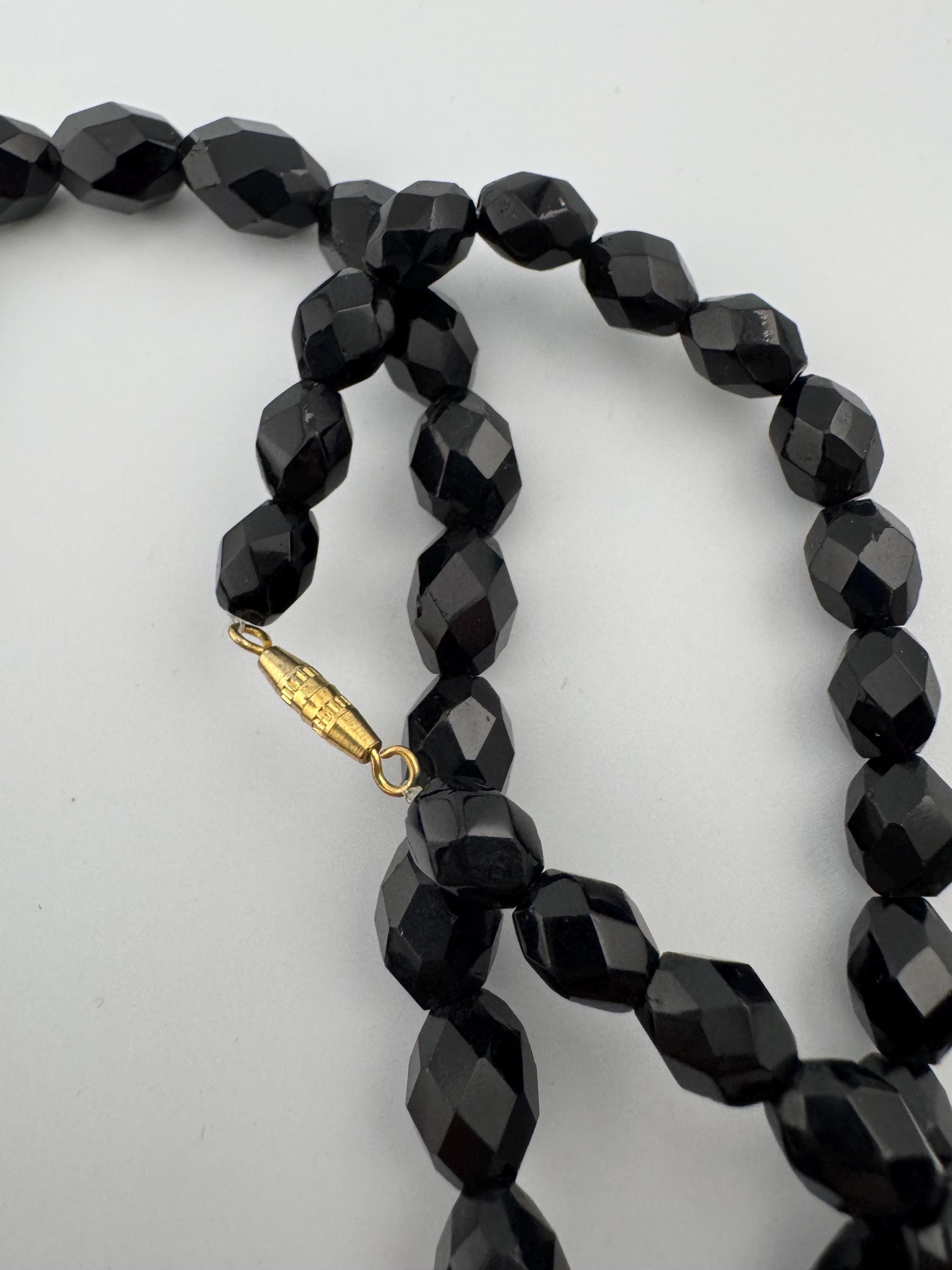 Vintage French Jet Black Glass Flapper Necklace: Art Deco Long Beaded Necklace