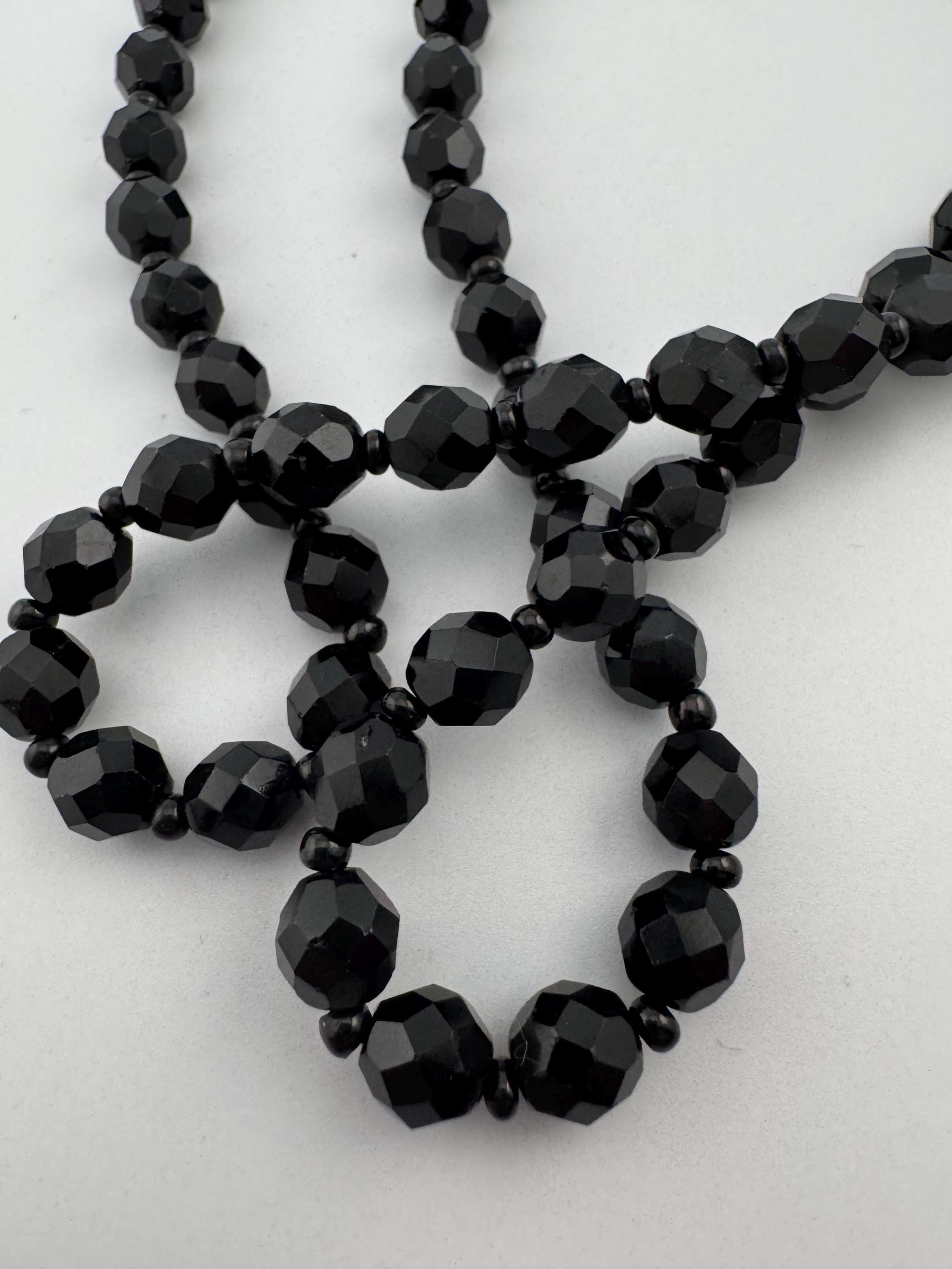 Vintage French Jet Black Glass Beaded Necklace: Art Deco 1920s Style