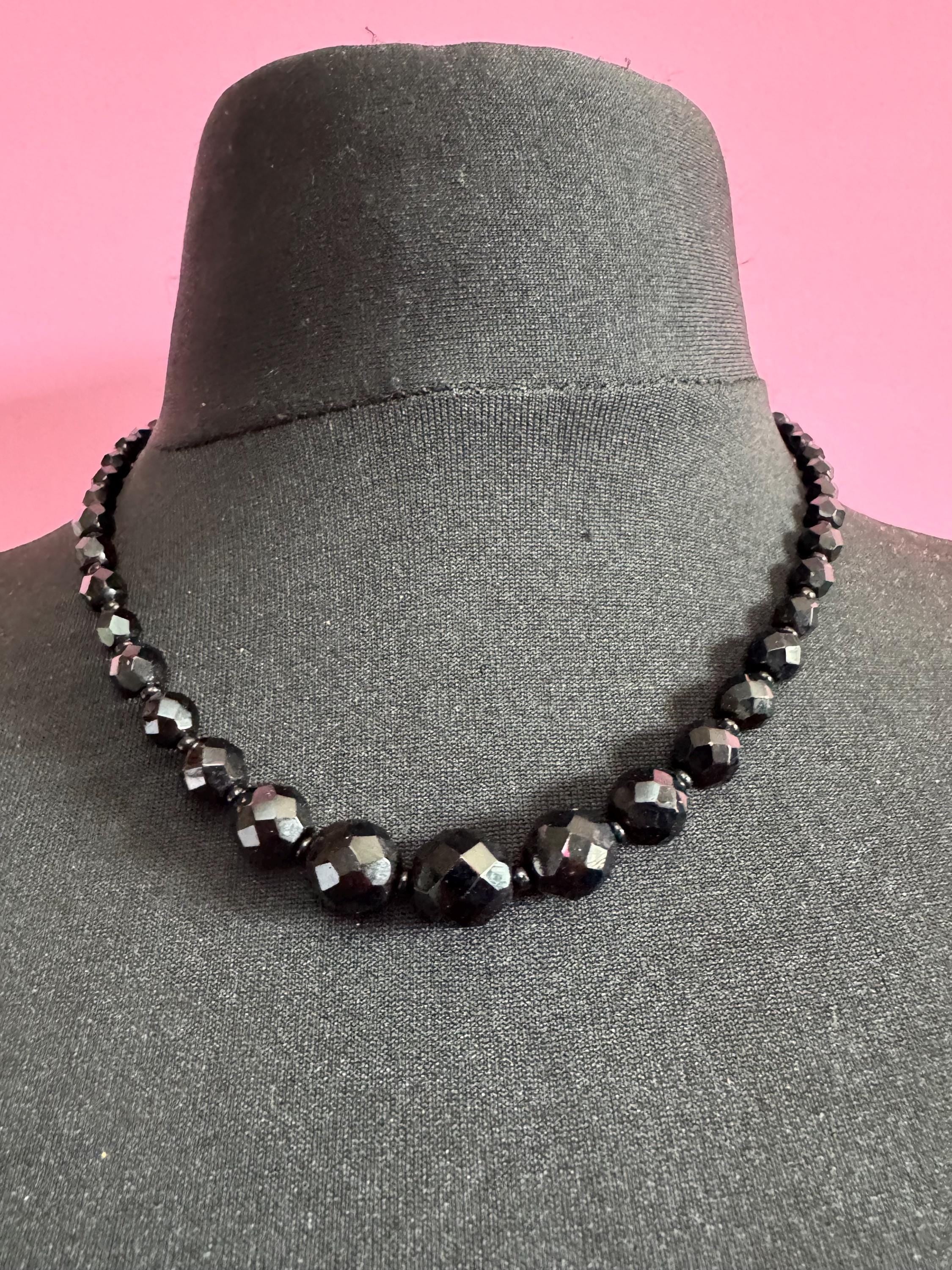 47cm short vintage French Jet Black Glass long beaded collar choker necklace, faceted glass beads vintage art deco 1920s 1930s