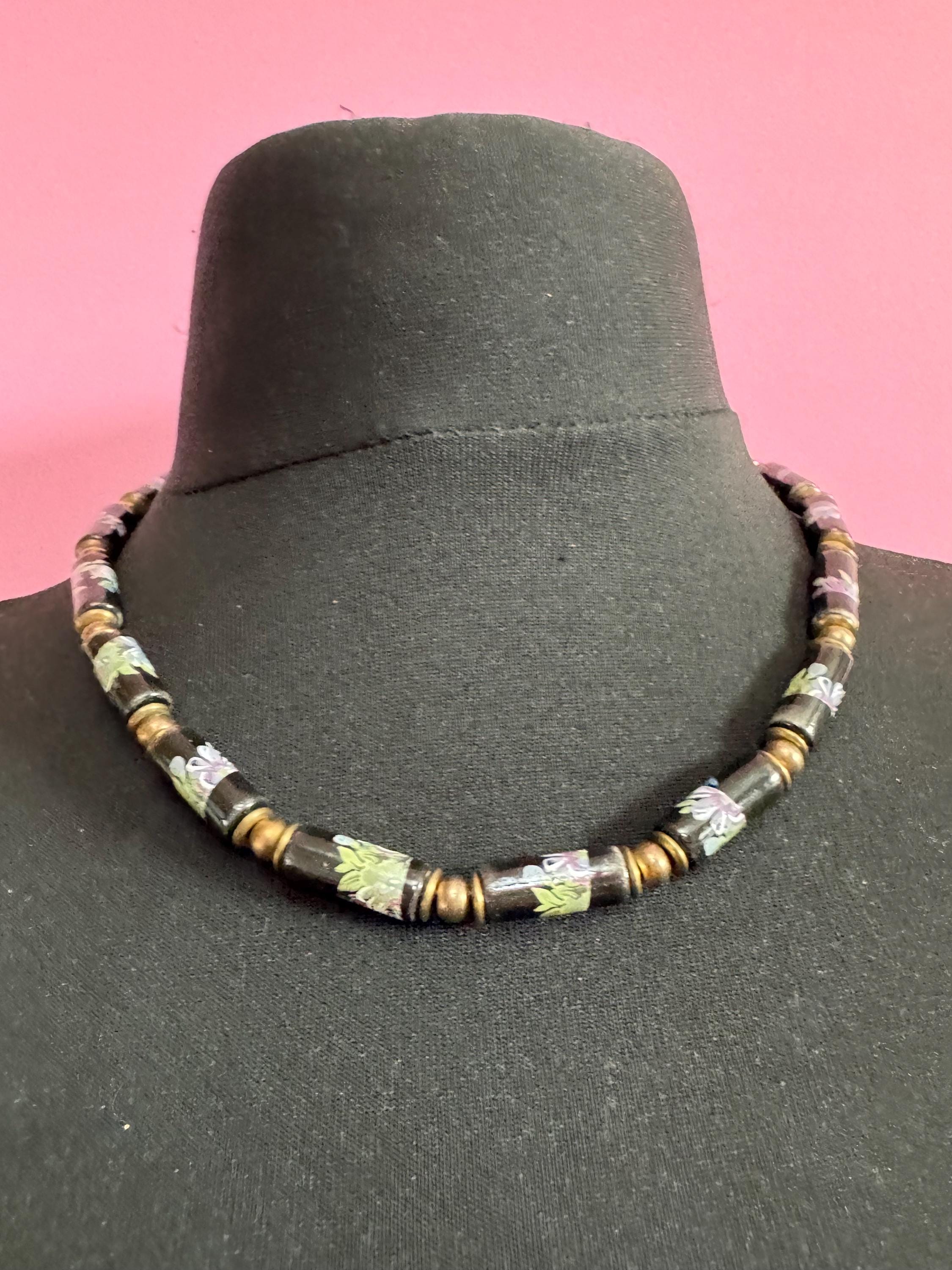 1970s Black green Chinese cloisonné enamel tube beaded necklace gold tone