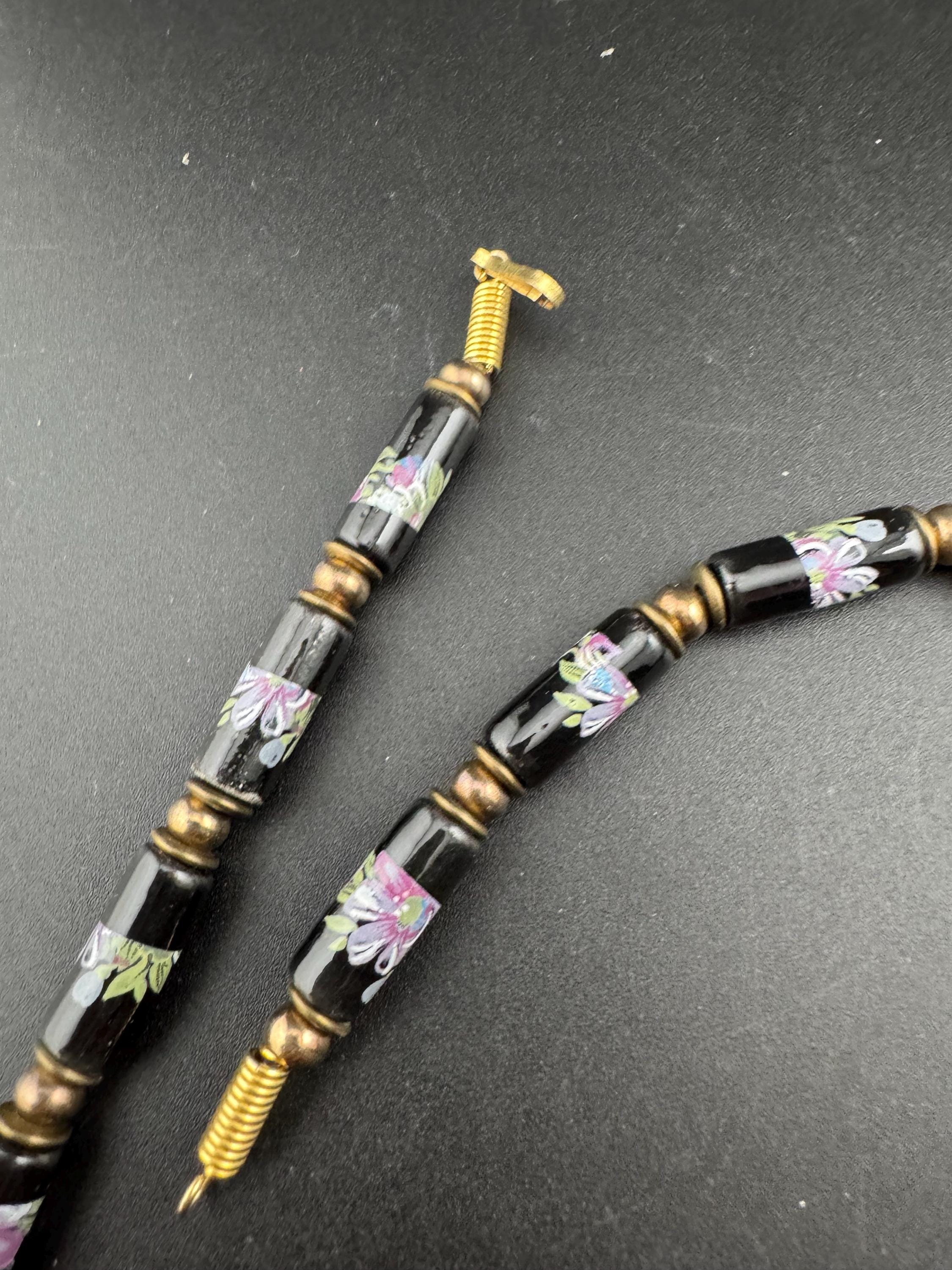1970s Black green Chinese cloisonné enamel tube beaded necklace gold tone