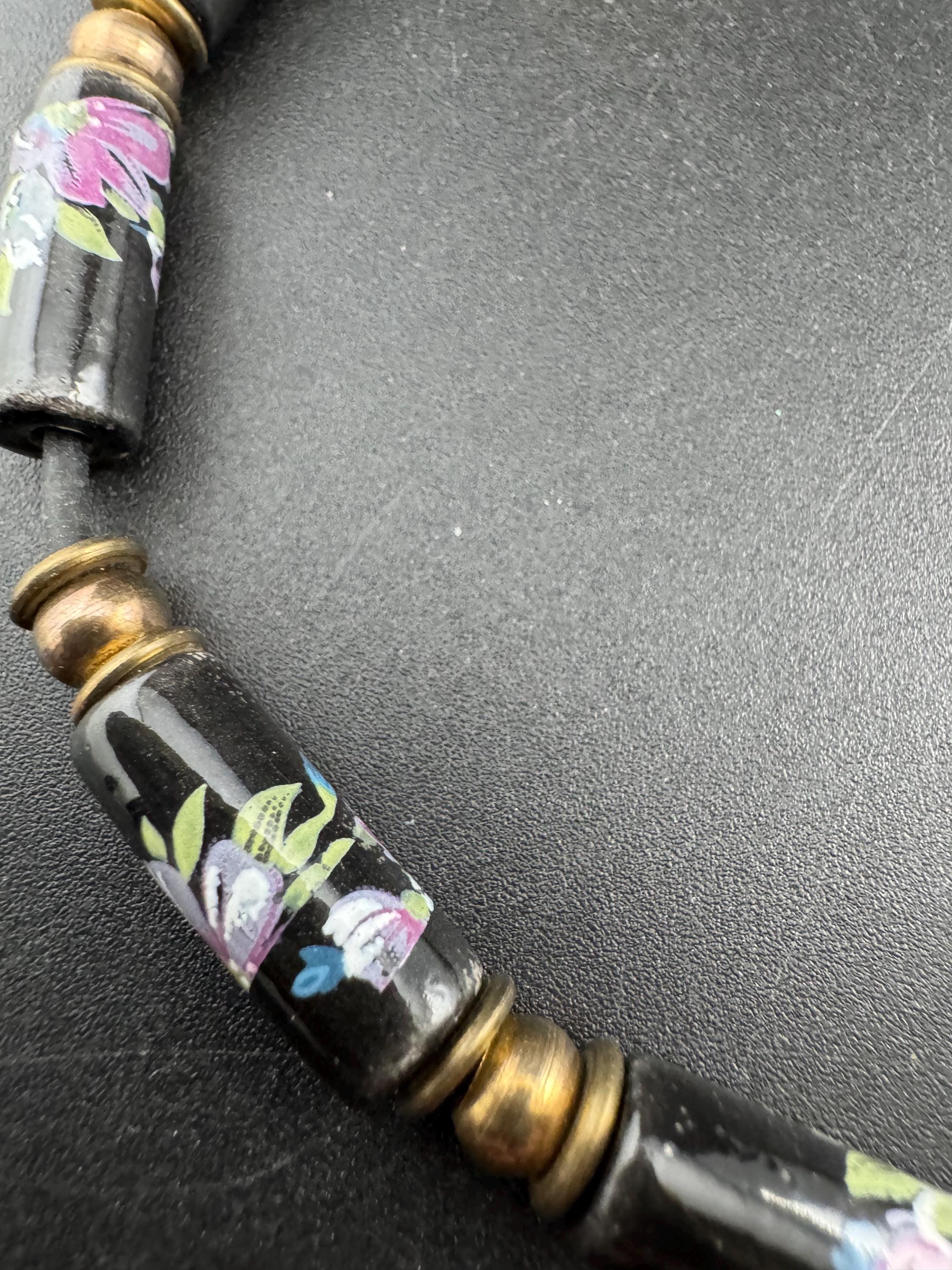 1970s Black green Chinese cloisonné enamel tube beaded necklace gold tone