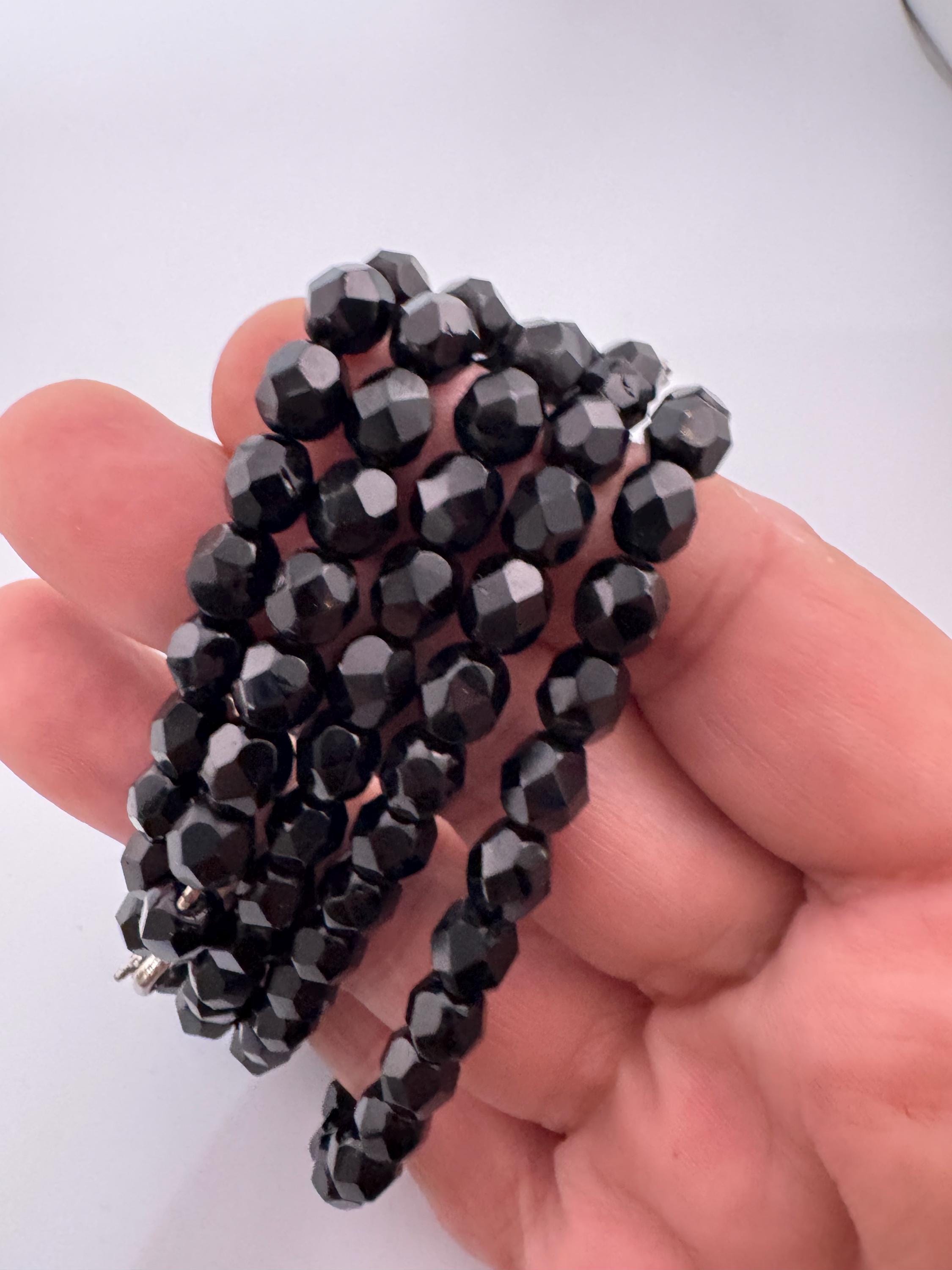 Vintage French jet faceted glass black beaded 21cm price each