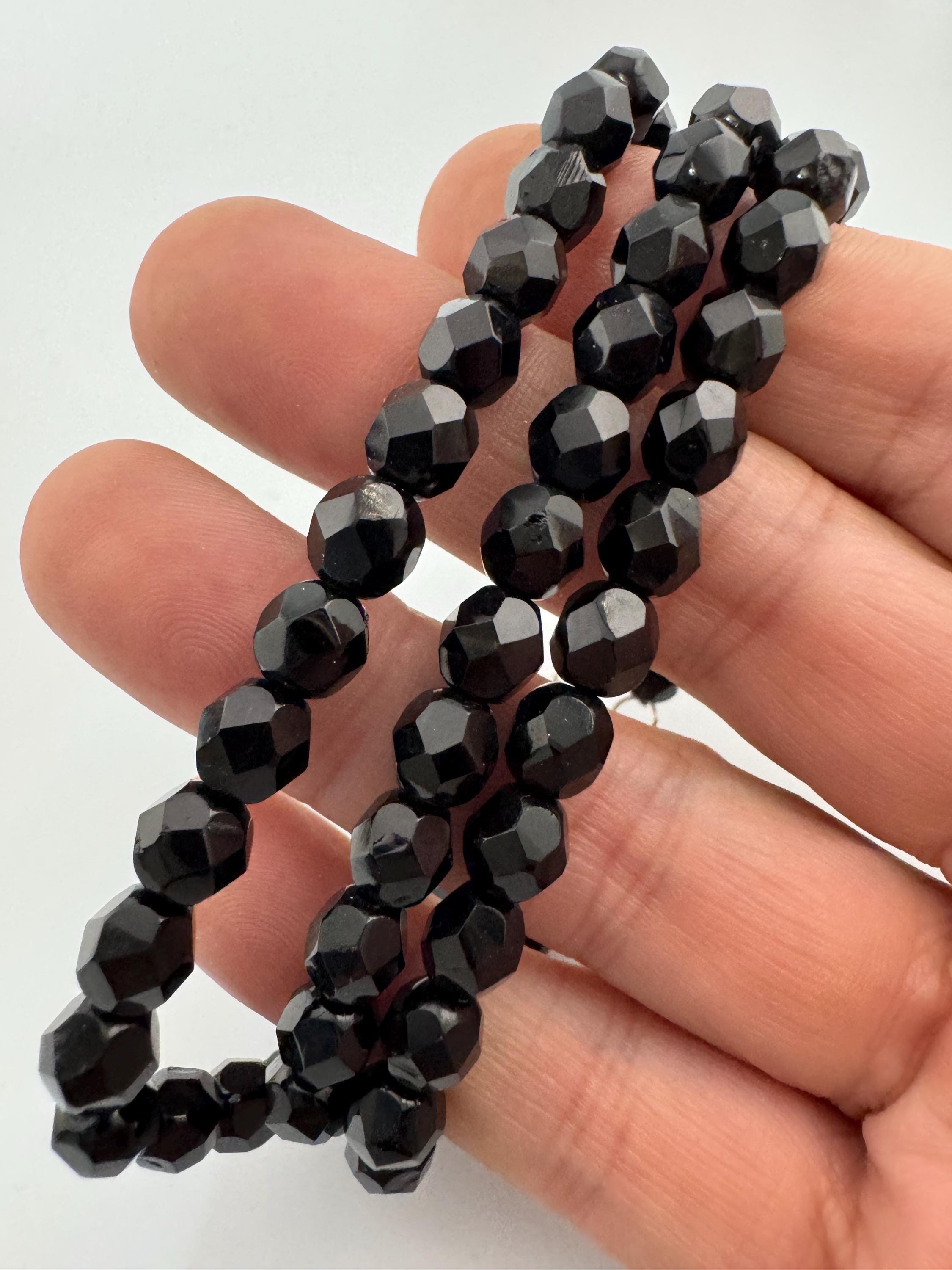 Vintage French jet faceted glass black beaded 21cm price each