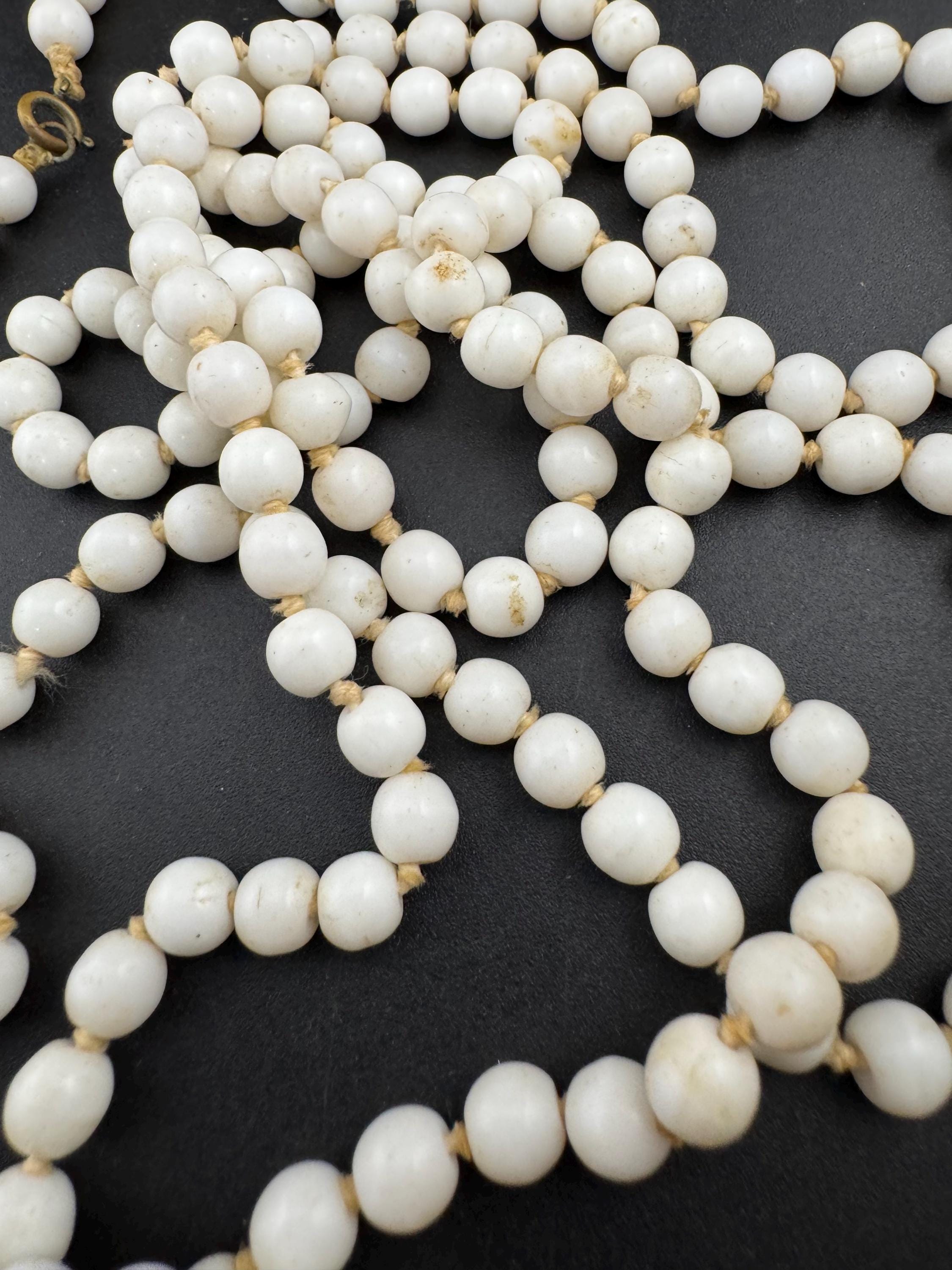 As found Vintage 150cm long White milk glass barrel beaded layering necklace