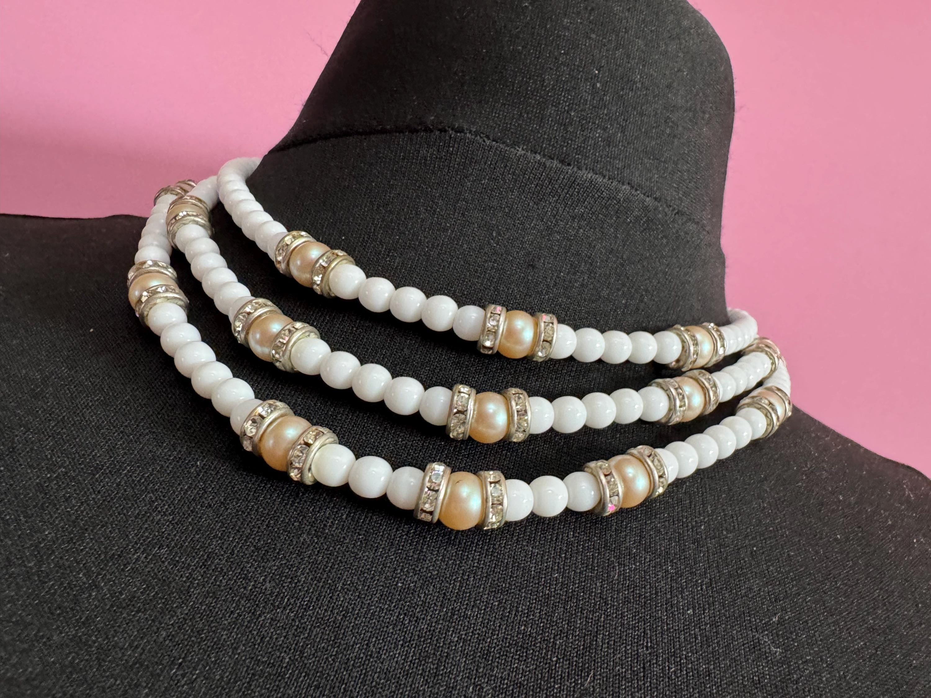 Vintage retro White milk glass round beaded Multistrand necklace set with faux pearls and diamanté rondelle beads 44cm