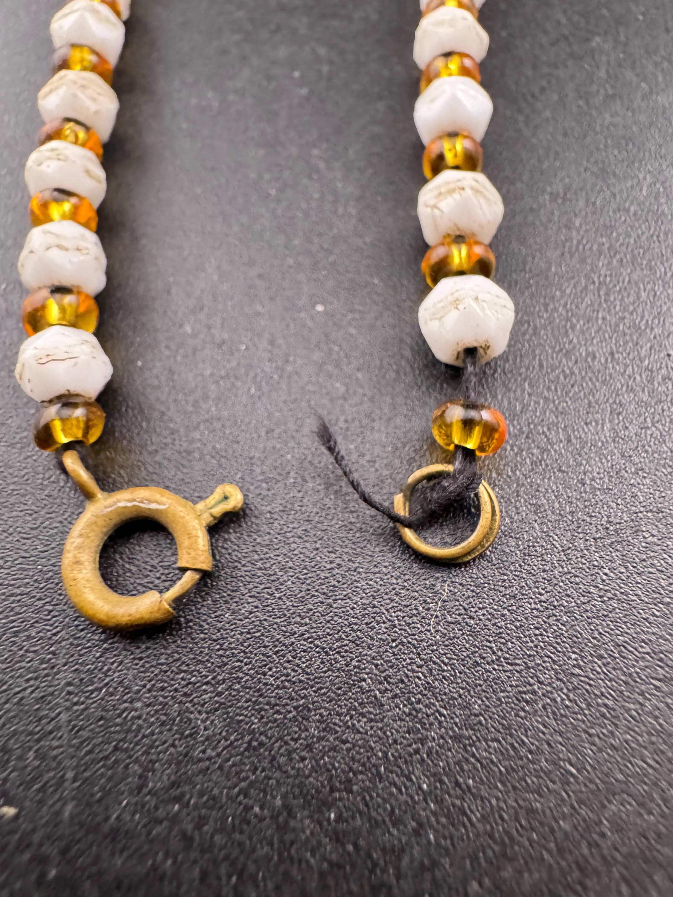As found Vintage czech White milk glass beaded brass filigree art deco necklace 44cm