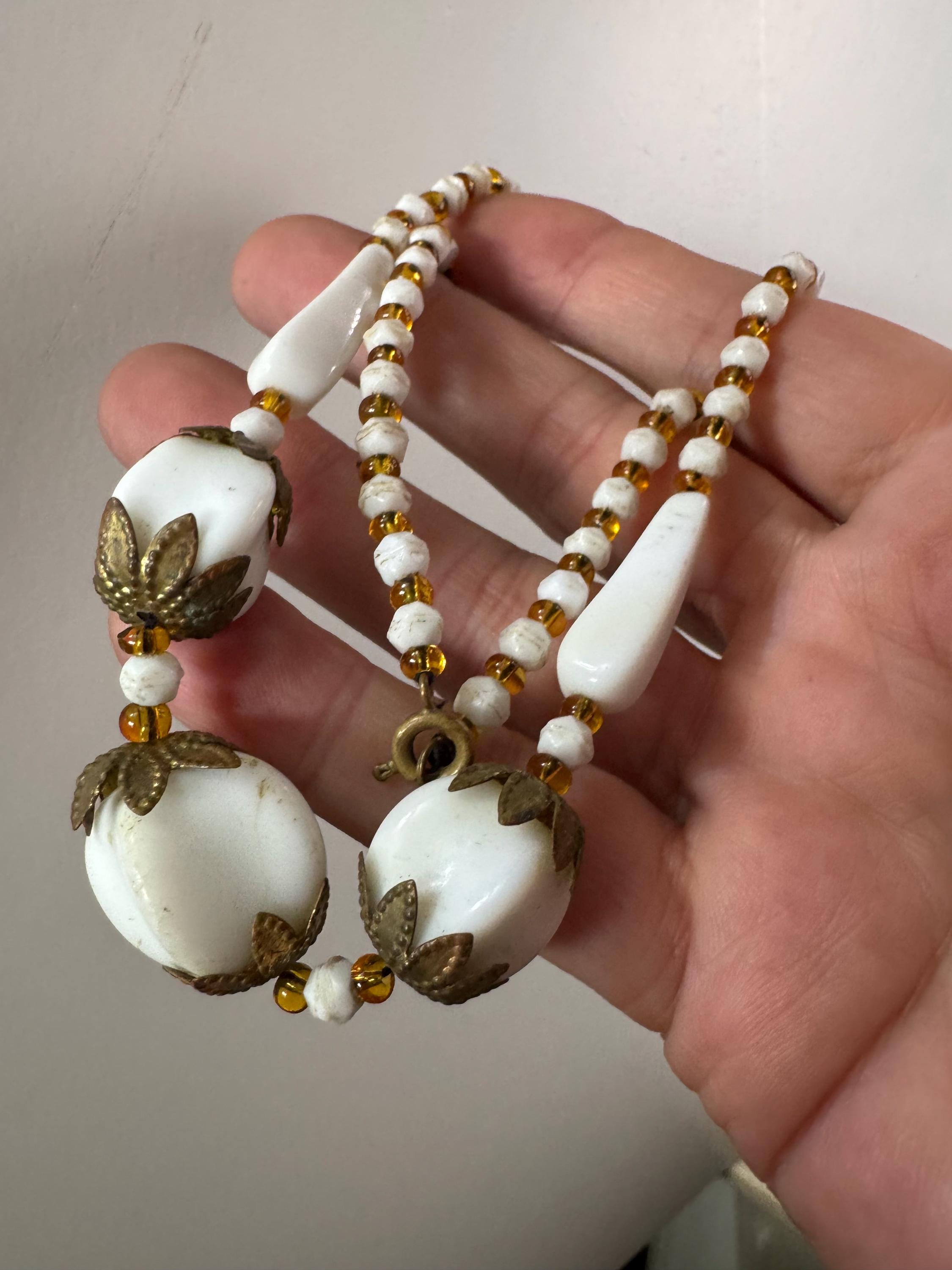 As found Vintage czech White milk glass beaded brass filigree art deco necklace 44cm