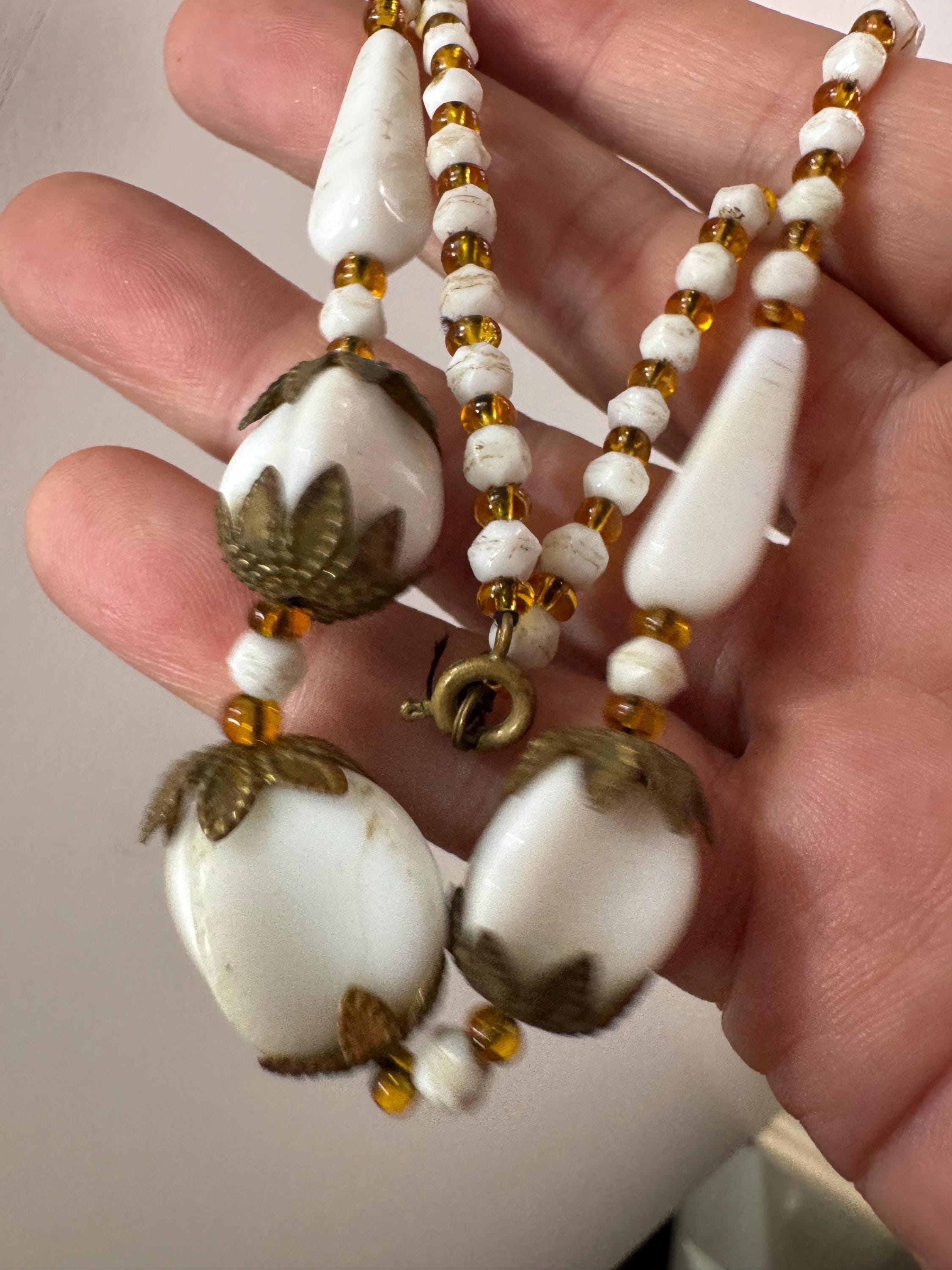 As found Vintage czech White milk glass beaded brass filigree art deco necklace 44cm