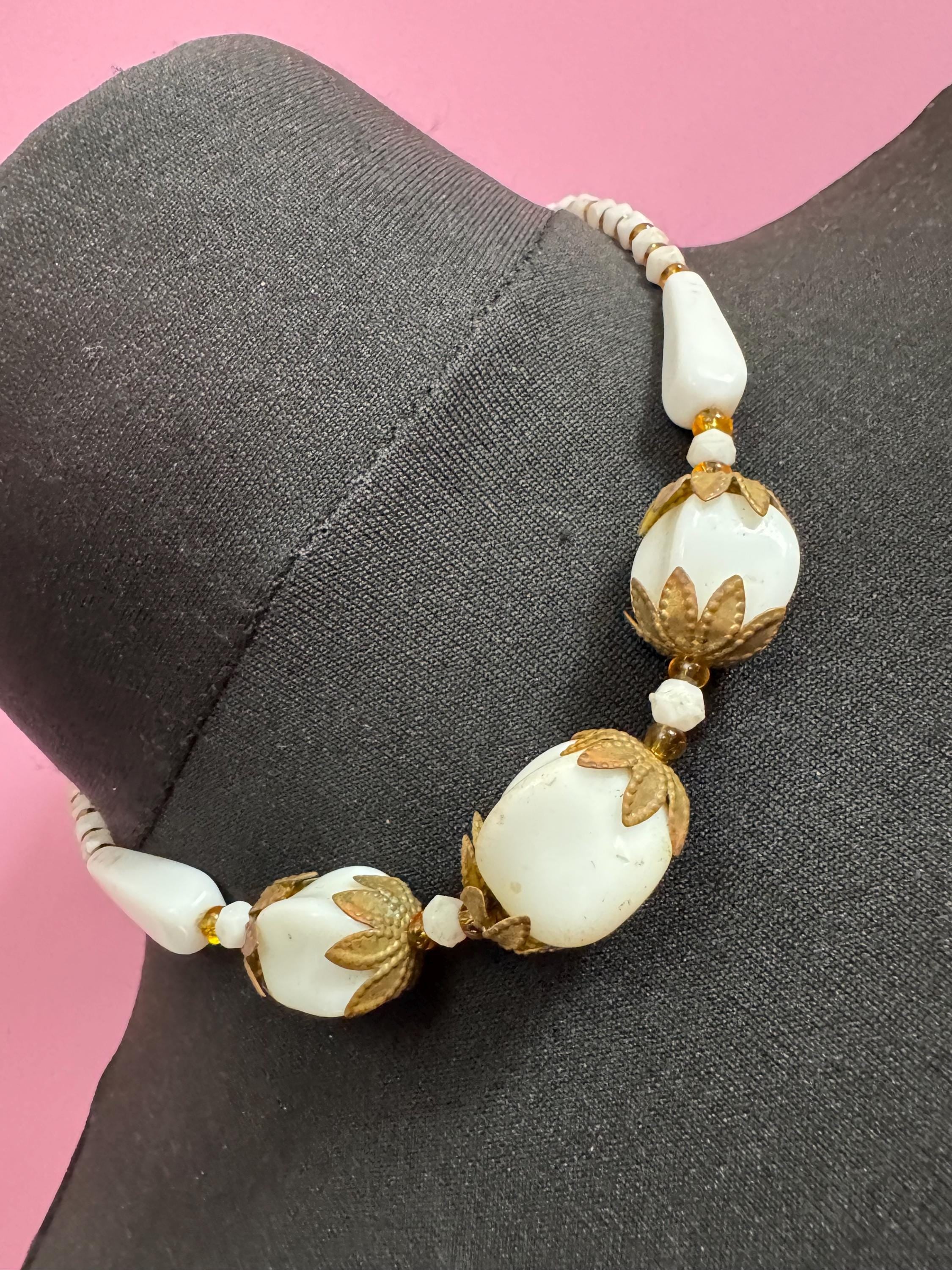 As found Vintage czech White milk glass beaded brass filigree art deco necklace 44cm