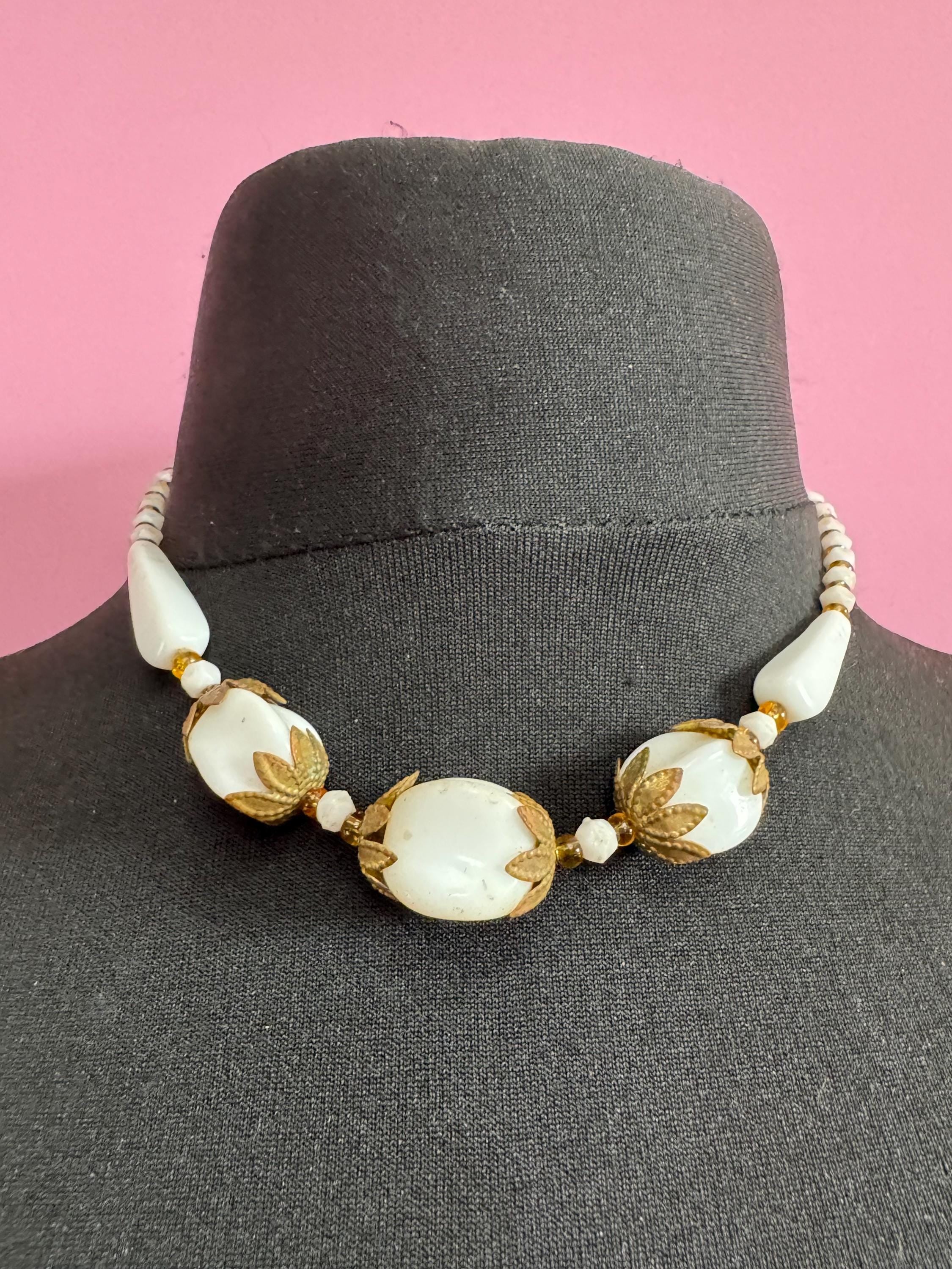 As found Vintage czech White milk glass beaded brass filigree art deco necklace 44cm