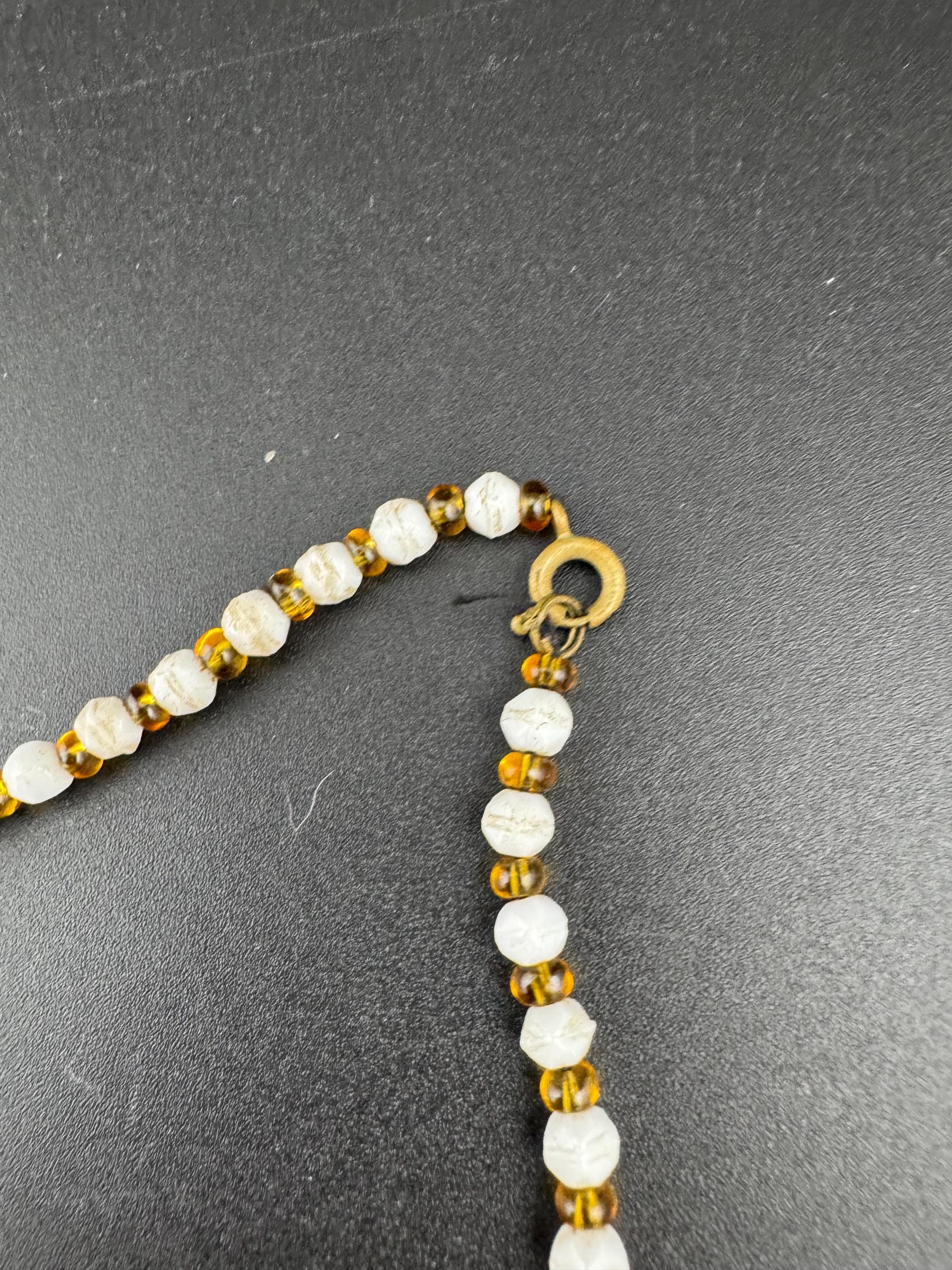 As found Vintage czech White milk glass beaded brass filigree art deco necklace 44cm