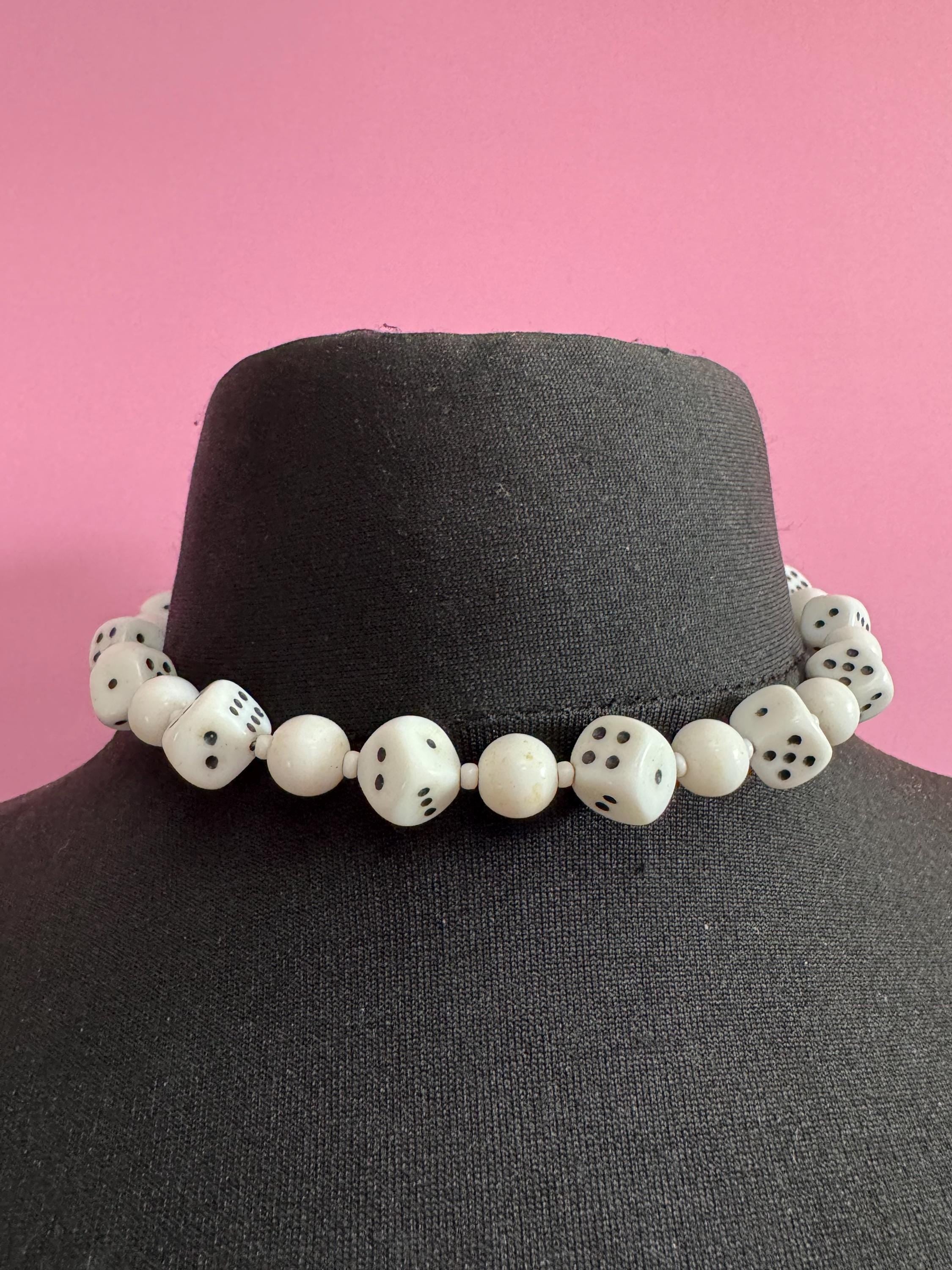 Vintage czech White milk glass beaded novelty dice necklace 42cm