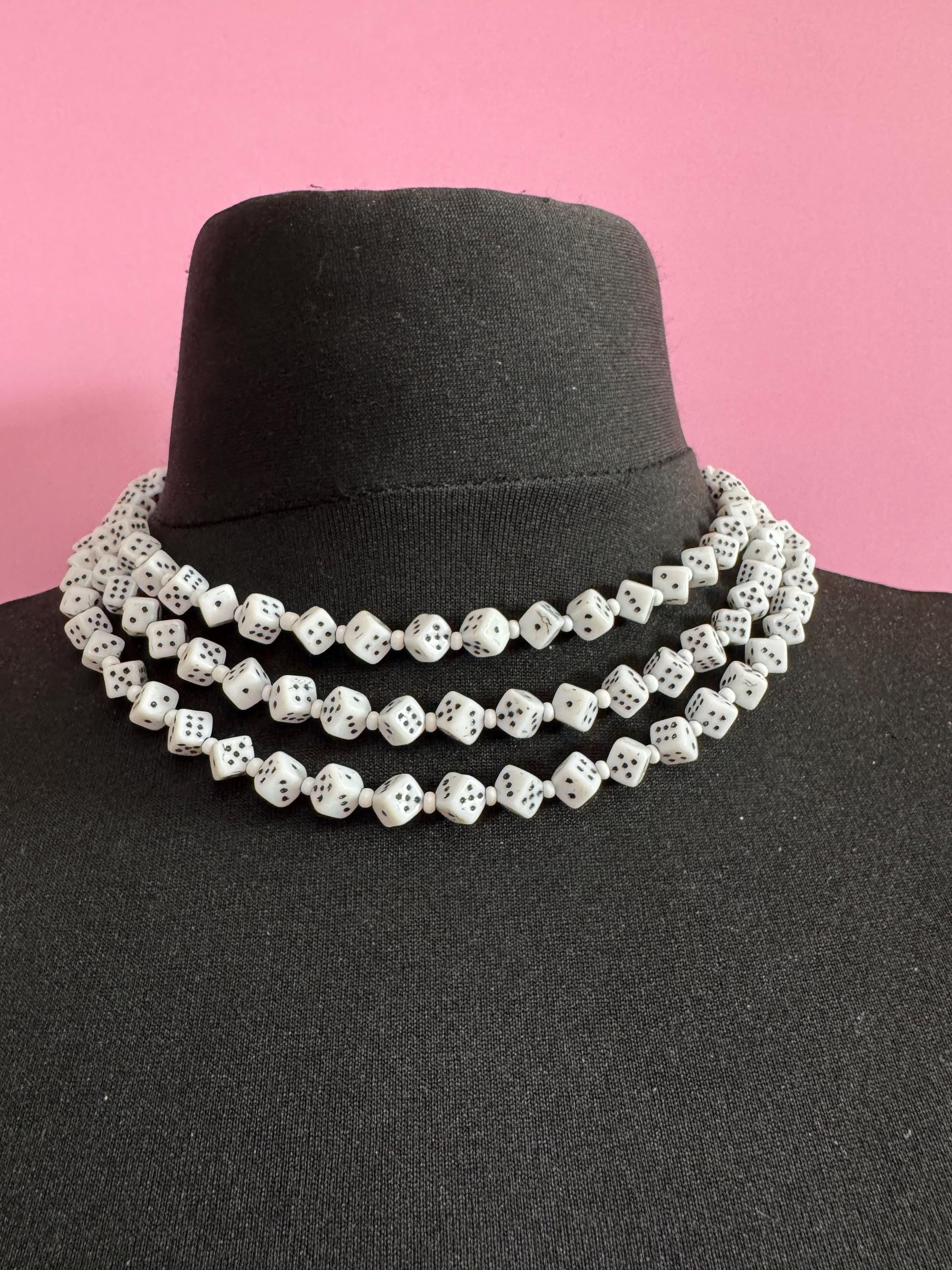 Vintage czech White milk glass beaded novelty dice triple row Multistrand necklace