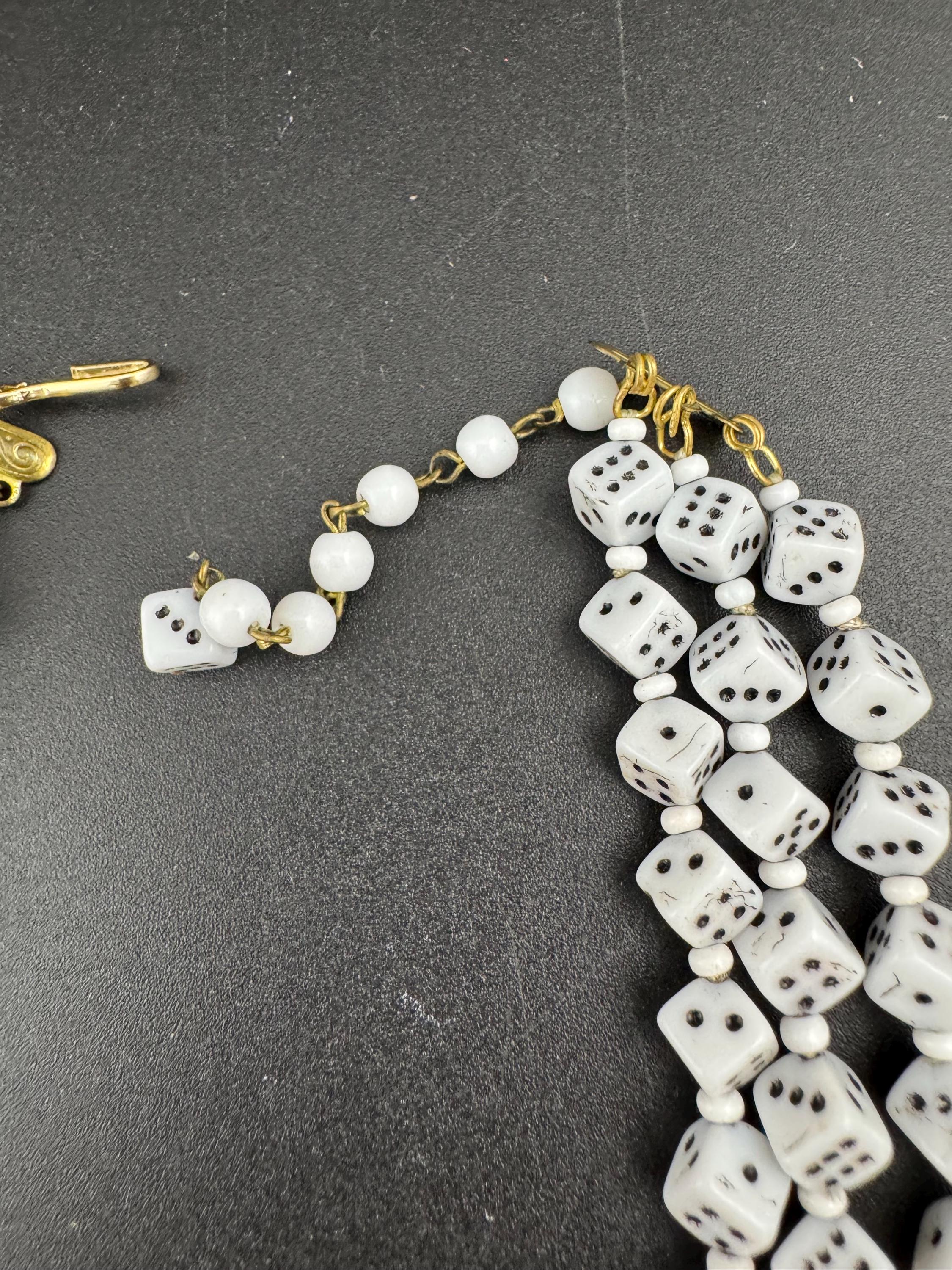 Vintage czech White milk glass beaded novelty dice triple row Multistrand necklace