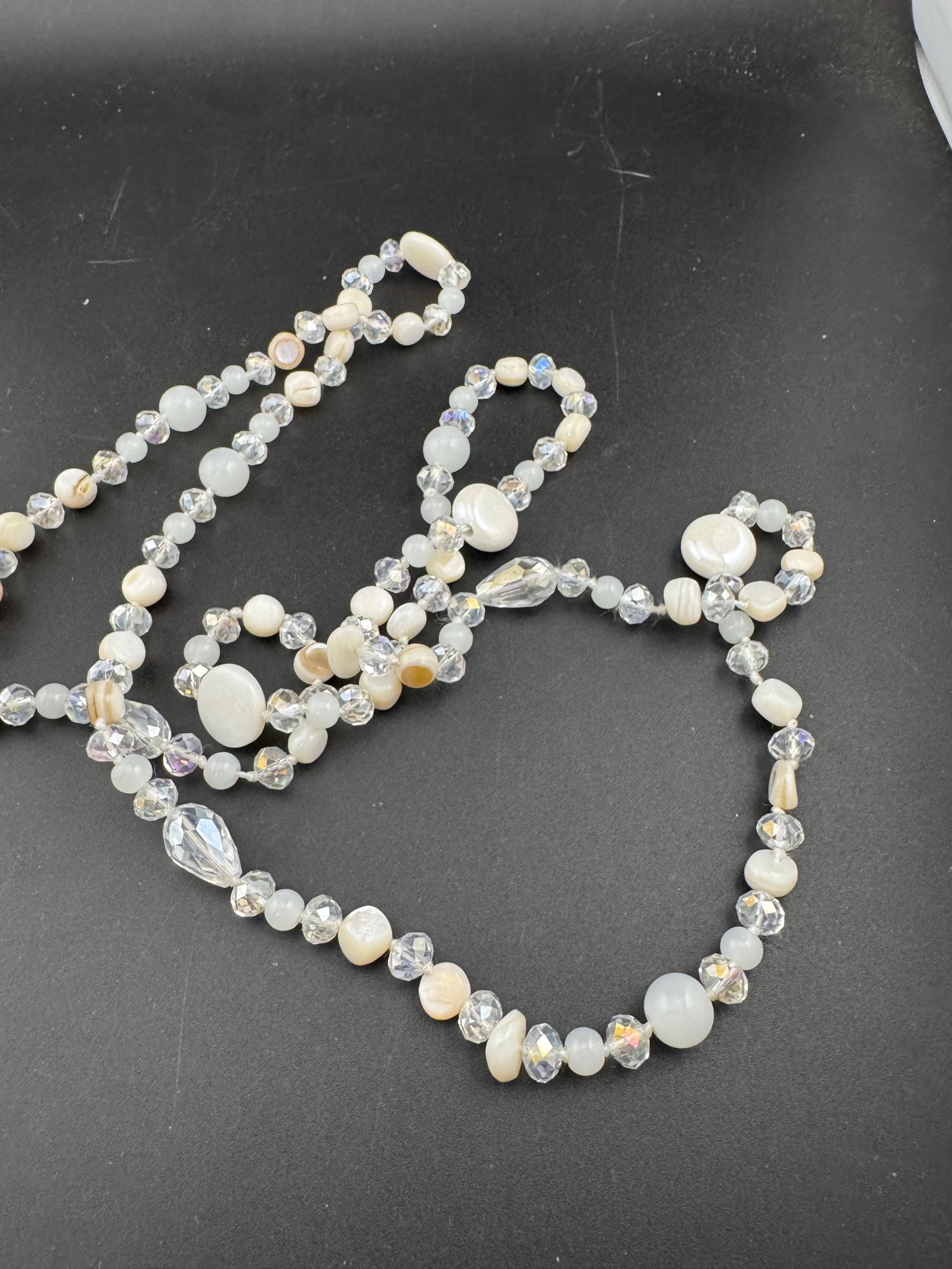 retro milk glass, opaque and clear crystal round beaded long bead necklace 108cm