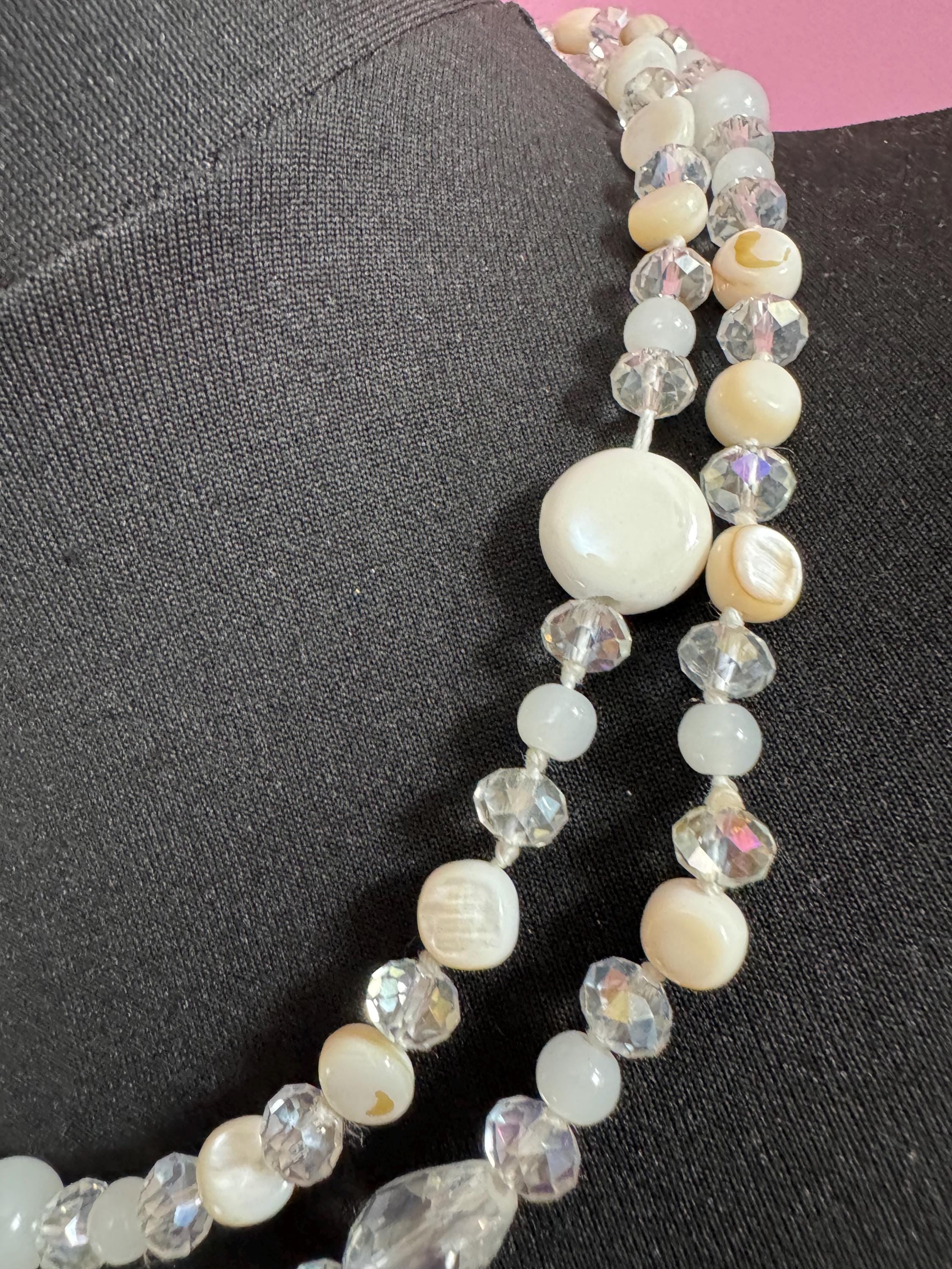 retro milk glass, opaque and clear crystal round beaded long bead necklace 108cm
