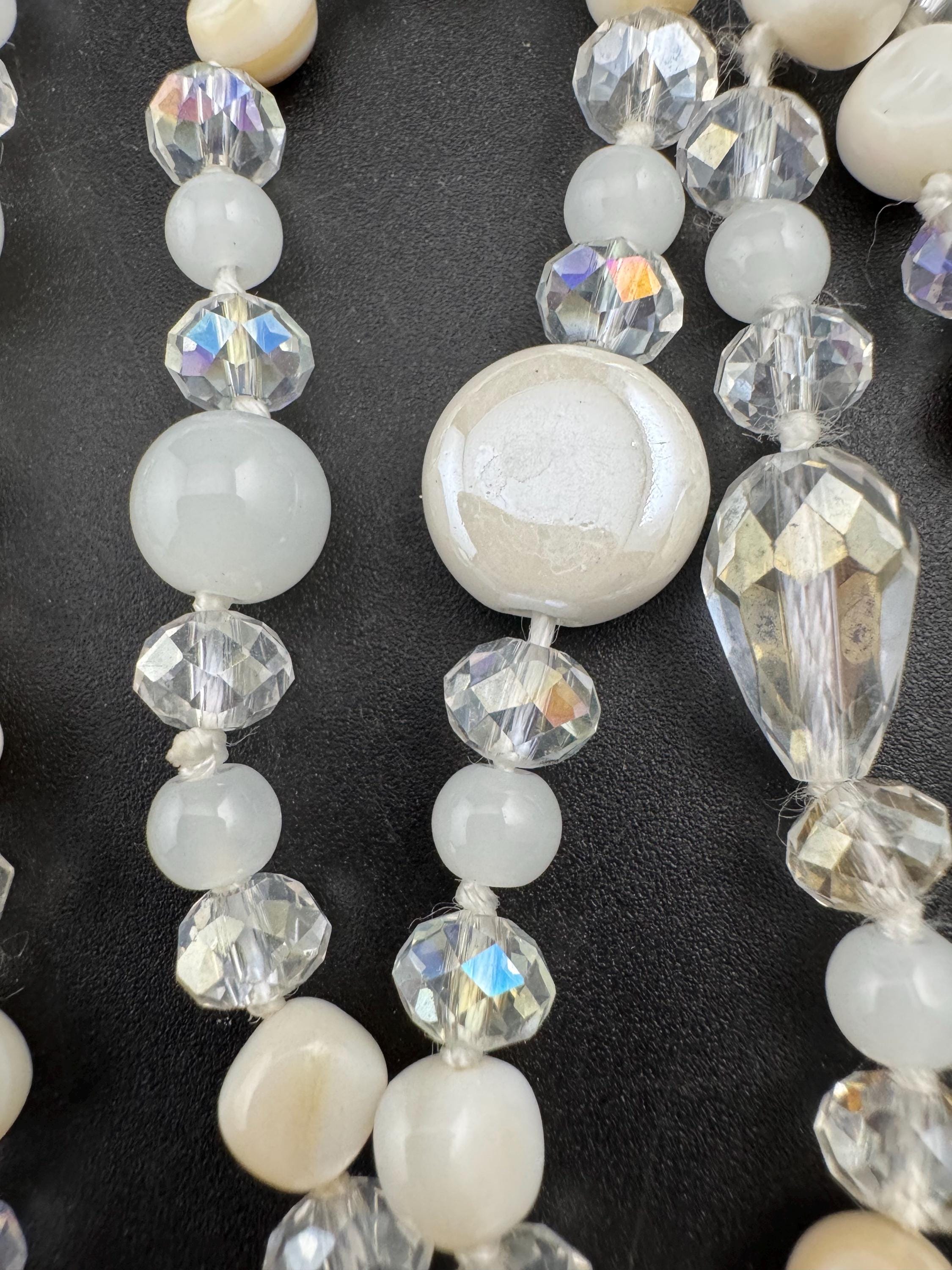 retro milk glass, opaque and clear crystal round beaded long bead necklace 108cm
