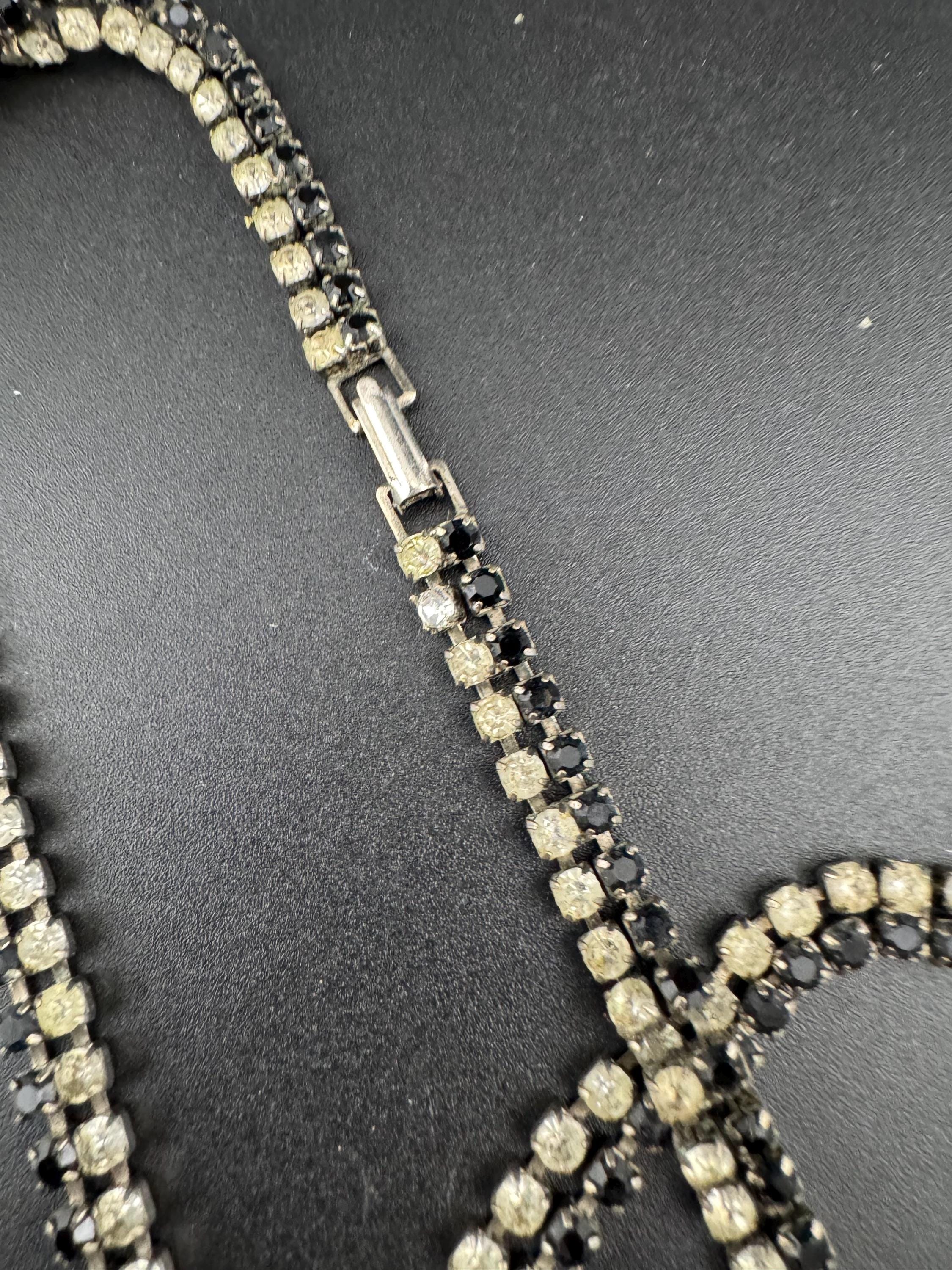 Vintage diamanté rhinestone necklace clear black paste silver tone monochrome 55cm